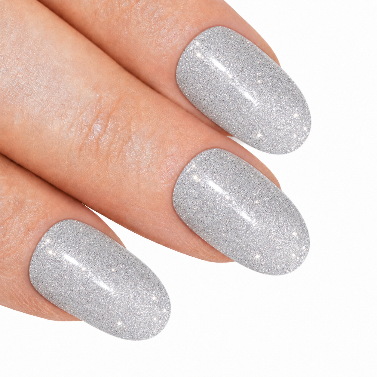 Silver gel oval press-on false nails by Bling Art — chrome silver high-shine gel for parties, Christmas and statement evenings. 24 nails, 12 sizes XS-XXL, no UV lamp. Designed in Yorkshire UK.
