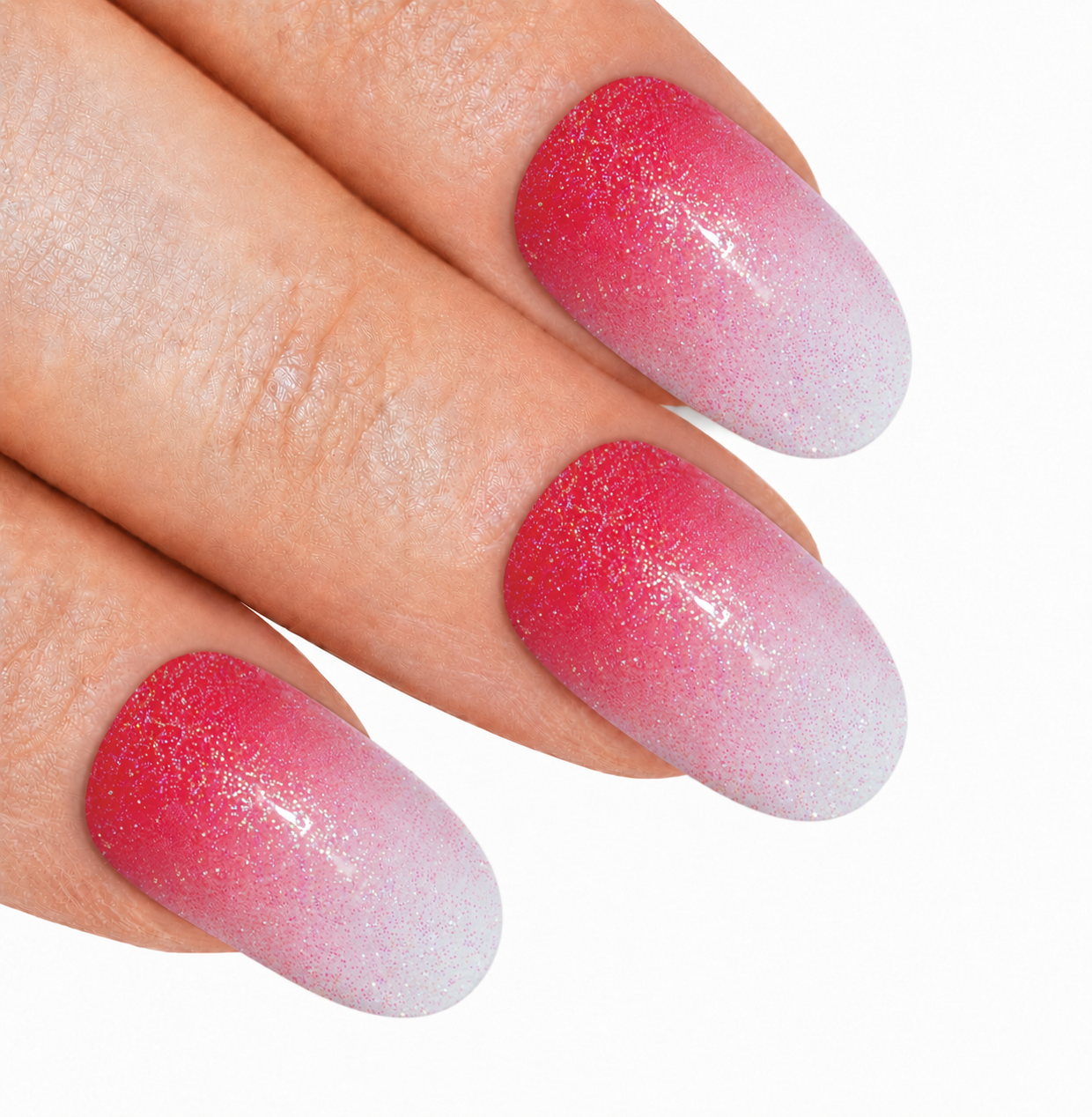 Red gel ombre oval press-on false nails by Bling Art — crimson gradient gel ombre for bold romantic statement looks. 24 nails, 12 sizes XS-XXL, no UV lamp. Designed in Yorkshire UK.