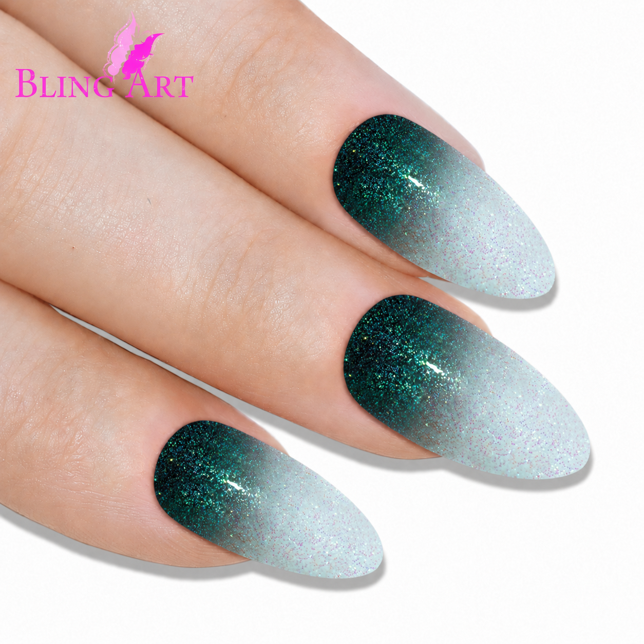 Black gel ombre almond stiletto long press-on false nails by Bling Art — dramatic gradient gel ombre fading into jet-black for evening glamour, parties and NYE. 24 nails, 12 sizes XS-XXL, no UV lamp. Designed in Yorkshire UK. Almond = Stiletto (same shape).