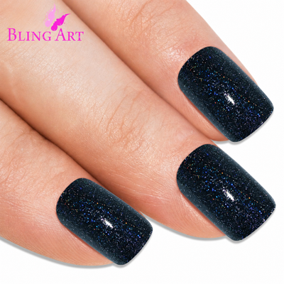 Black gel French squoval press-on false nails by Bling Art — deep jet-black high-shine gel French on the everyday squoval shape for evening wear and editorial styling. 24 nails, 12 sizes XS-XXL, no UV lamp. Designed in Yorkshire UK.
