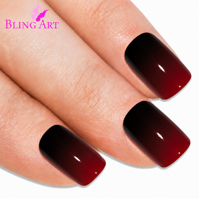 Red Black French squoval press-on false nails by Bling Art — two-tone crimson and jet-black French on office-friendly squoval shape for parties and date nights. 24 nails, 12 sizes XS-XXL, no UV lamp. Designed in Yorkshire UK.
