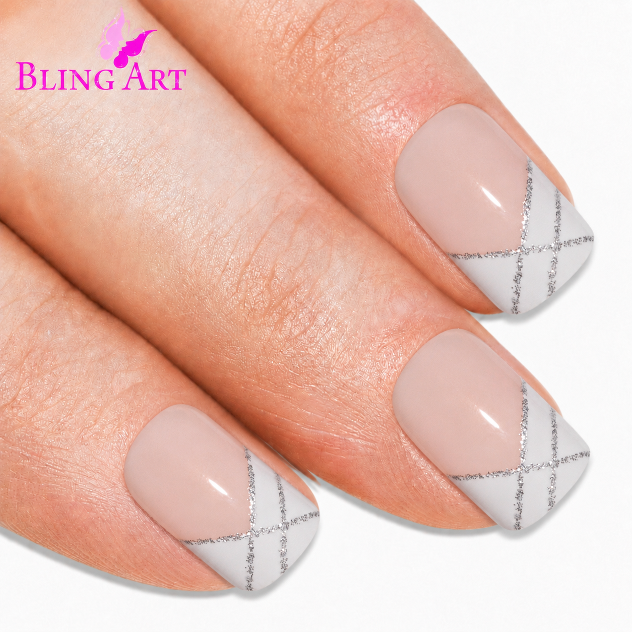 Silver White French manicure press-on false nails by Bling Art — crisp white French tip with silver sparkle accent for weddings, parties and bridal photoshoots. 24 nails, 12 sizes XS-XXL, no UV lamp. Designed in Yorkshire UK.