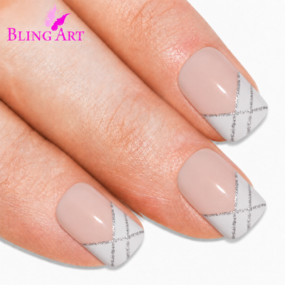 Silver White French manicure press-on false nails by Bling Art — crisp white French tip with silver sparkle accent for weddings, parties and bridal photoshoots. 24 nails, 12 sizes XS-XXL, no UV lamp. Designed in Yorkshire UK.