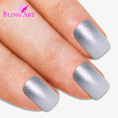 Silver gel ombre French squoval press-on false nails by Bling Art — chrome silver gradient gel ombre French for parties, Christmas and editorial styling. 24 nails, 12 sizes XS-XXL, no UV lamp. Designed in Yorkshire UK.