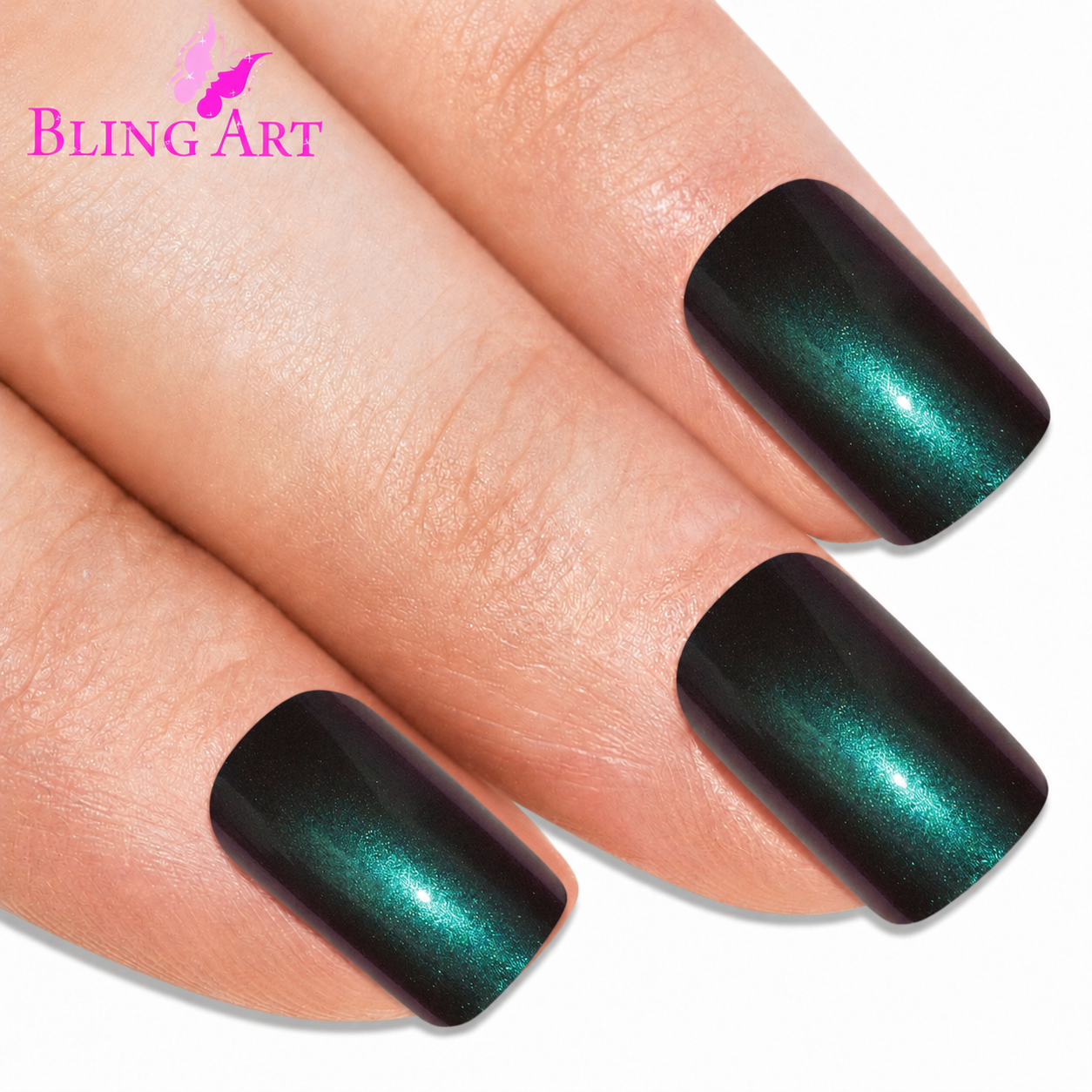 Green Purple chameleon French squoval Bling Art press-on nails — worn-hand close-up showing the colour-shifting green-to-purple French on squoval tips.