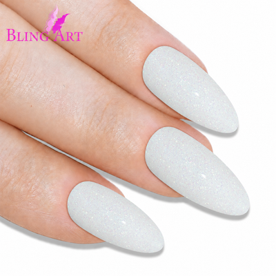 White gel almond stiletto long press-on false nails by Bling Art — pearl-white high-shine gel statement bridal length for weddings, photoshoots and special occasions. 24 nails, 12 sizes XS-XXL, no UV lamp. Designed in Yorkshire UK. Almond = Stiletto (same shape).