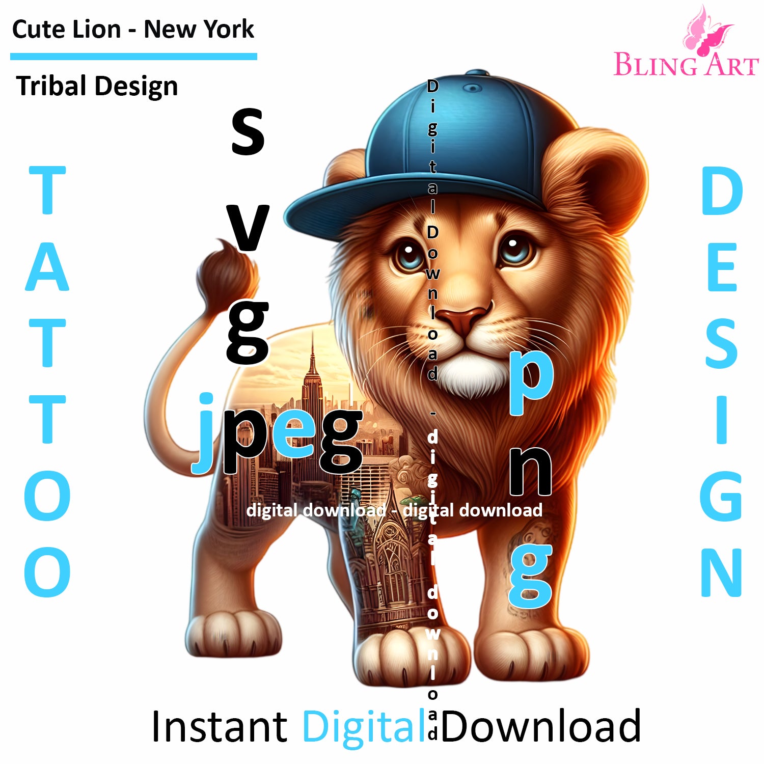 New York Lion Tribal Tattoo Art - Digital Design (PNG, JPEG, SVG) - Instant Download for Tattoos, T-Shirts, Wall Art