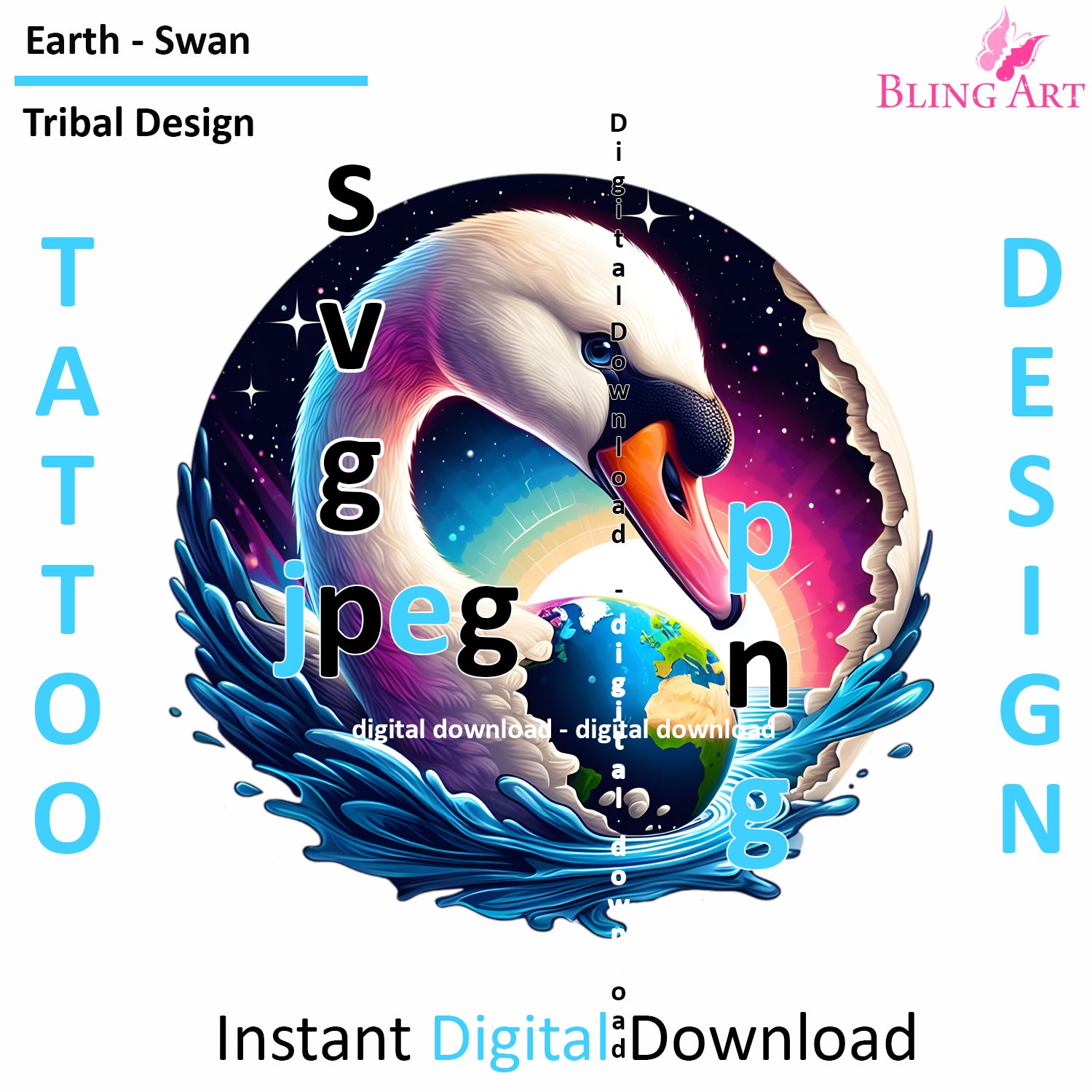 Swan World Tribal Tattoo Art - Digital Design (PNG, JPEG, SVG) - Instant Download for Tattoos, T-Shirts, Wall Art