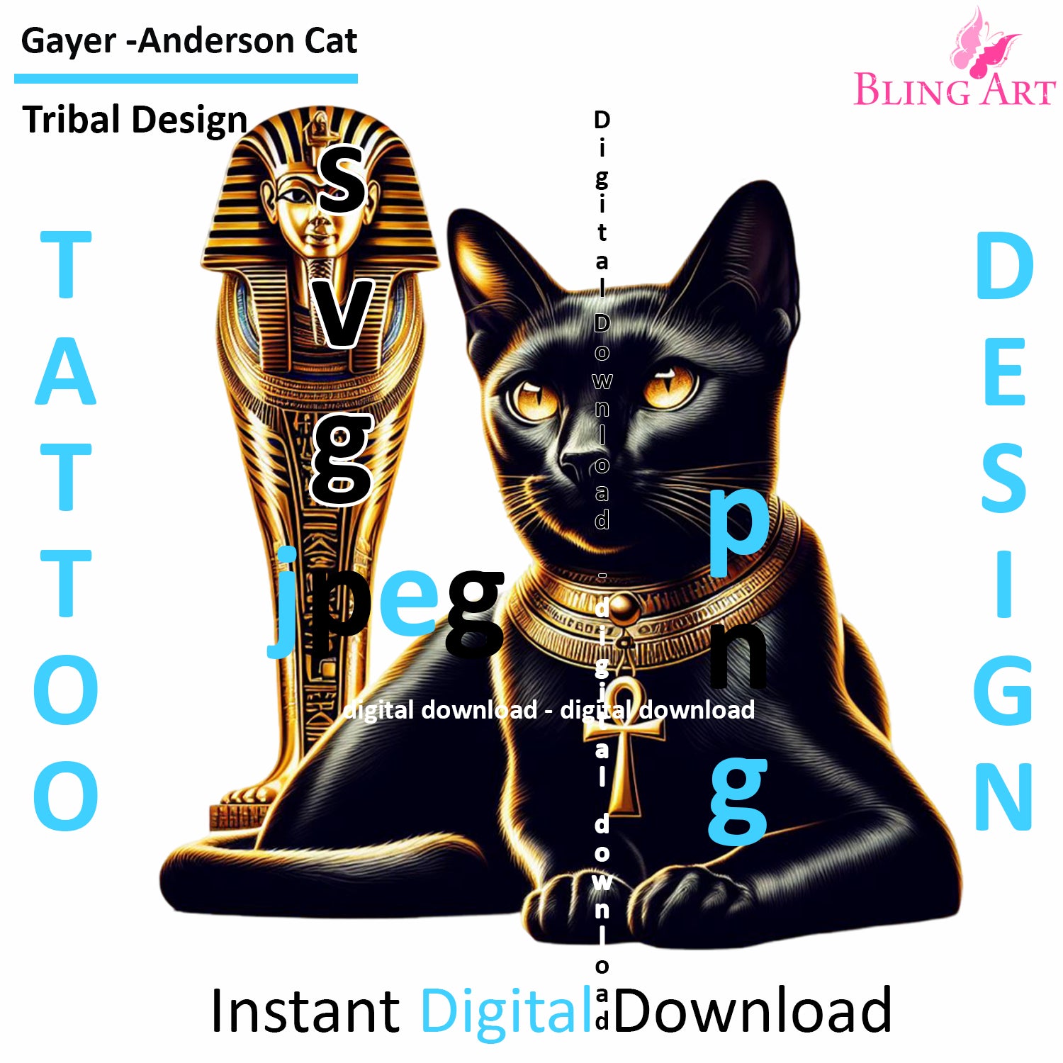 Gayer-Anderson Cat Tribal Tattoo Art - Digital Design (PNG, JPEG, SVG) - Instant Download for Tattoos, T-Shirts, Wall Art