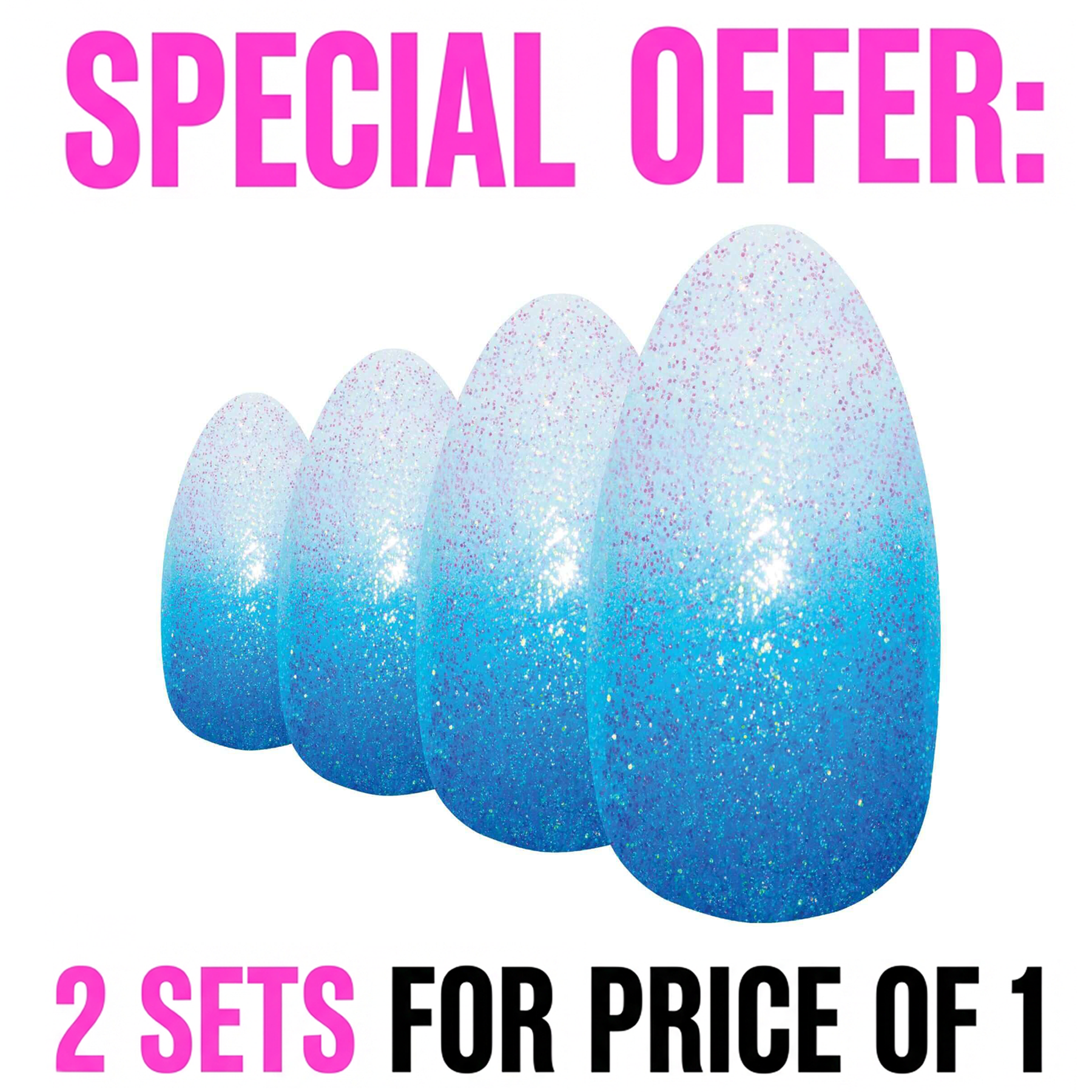 False Nails by Bling Art Blue Gel Glitter 24 Almond Stiletto Long Fake Tips Glue