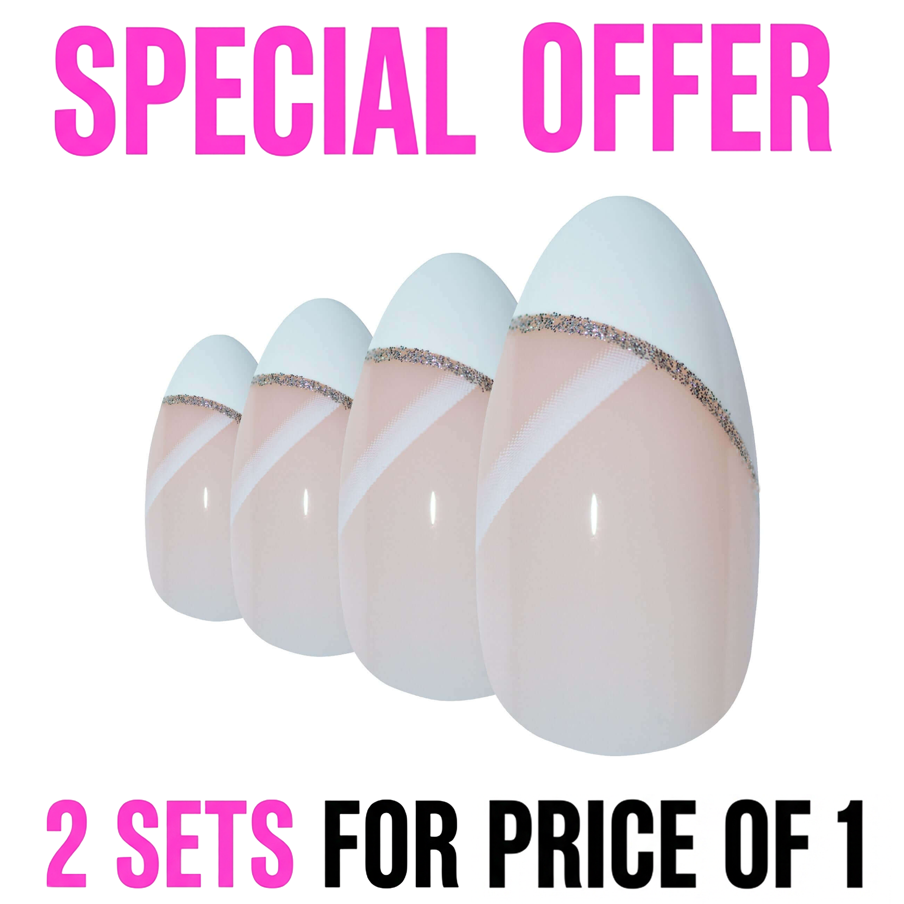 False Nails Bling Art White Glitter Almond Stiletto Long Fake Acrylic Tips Glue