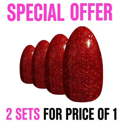 Red Gel Almond press-on false nails by Bling Art — 24 long tips, salon-quality finish, no UV needed.