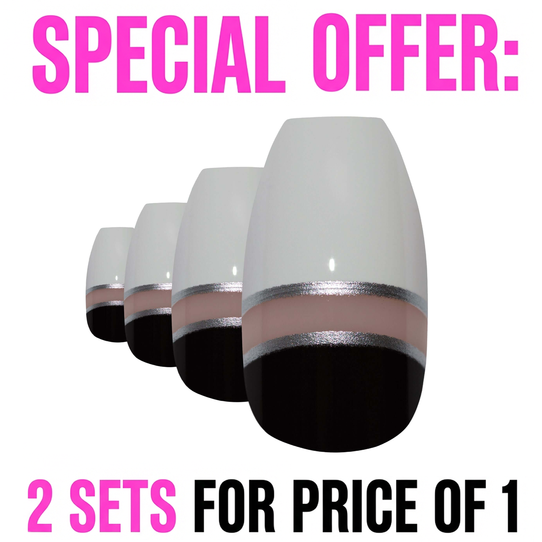 False Nails by Bling Art Black White Glossy Ballerina Coffin Acrylic Fake Tips