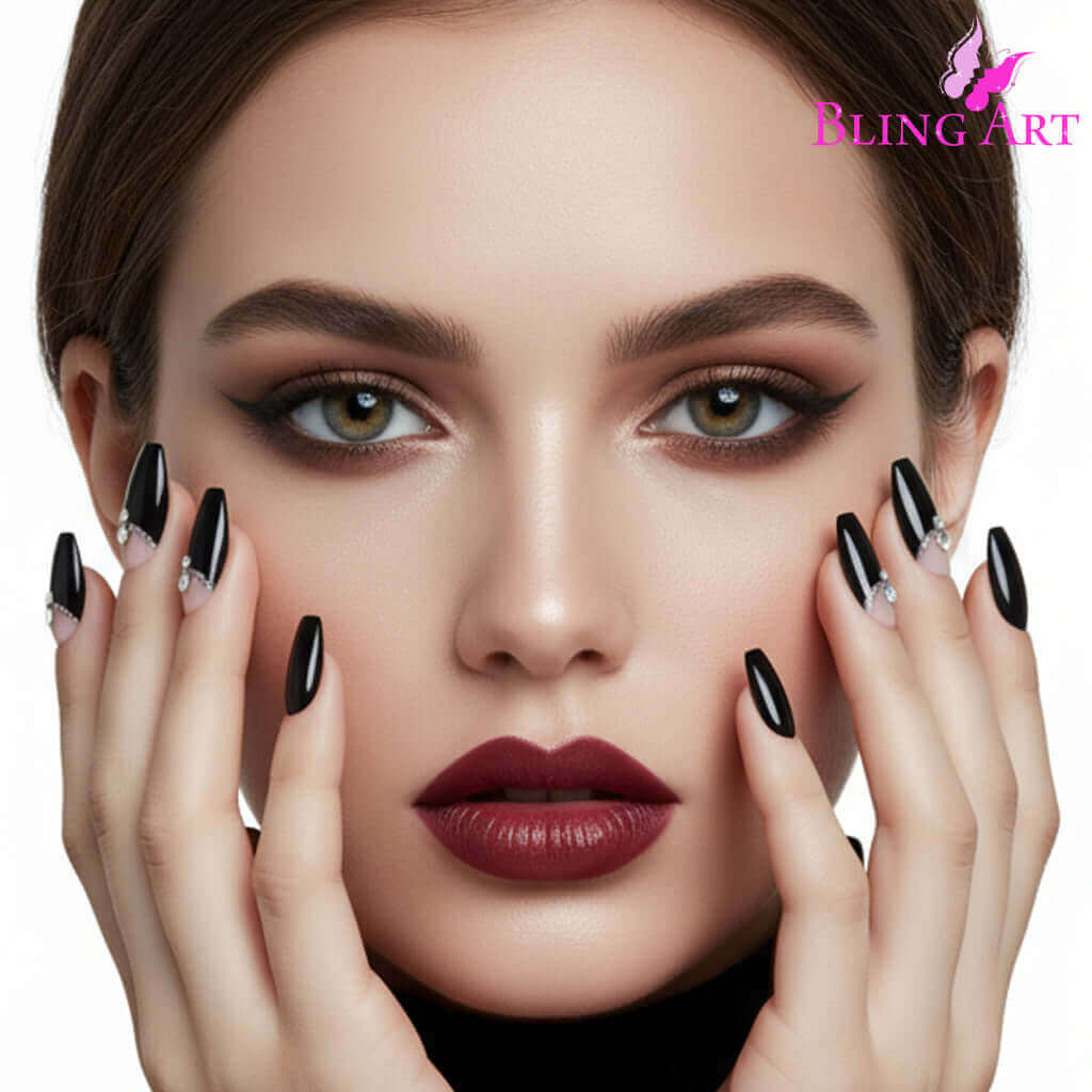 False Nails Bling Art Black Crystal Polished Ballerina Coffin Long Fake Tips