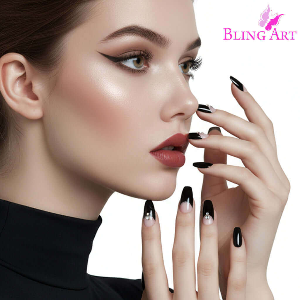 False Nails Bling Art Black Crystal Polished Ballerina Coffin Long Fake Tips