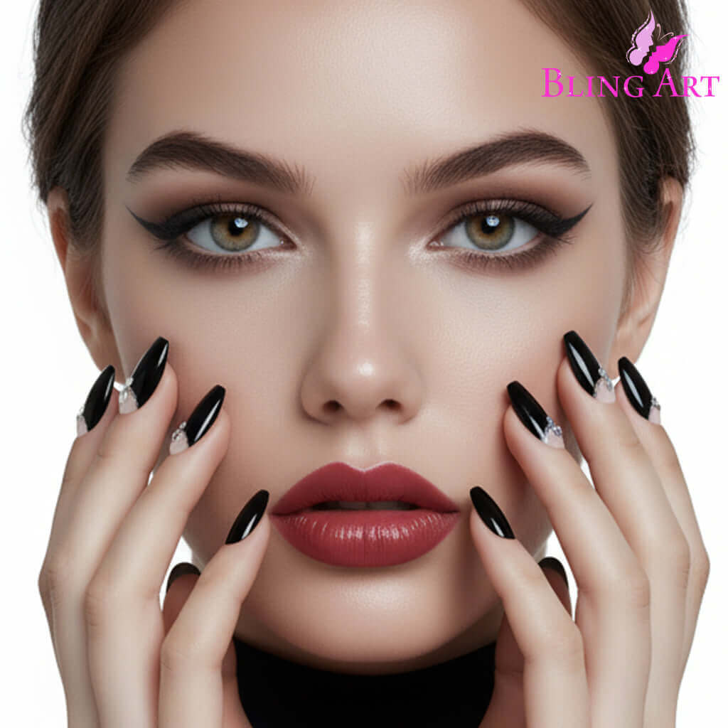 Multipack - False Nails Bling Art Black Crystal Polished Ballerina Coffin Long Fake Tips with elegant design and embellishments.