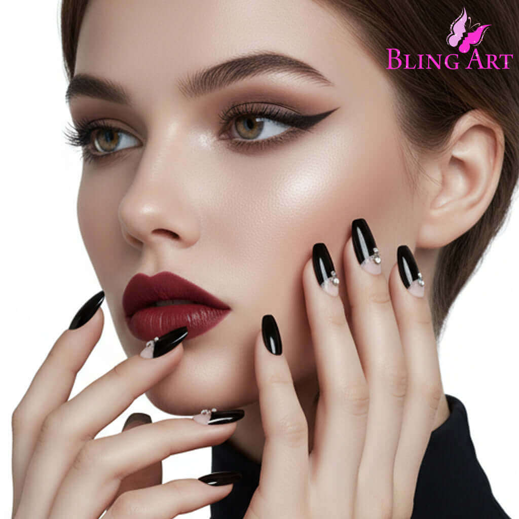 False Nails Bling Art Black Crystal Polished Ballerina Coffin Long Fake Tips