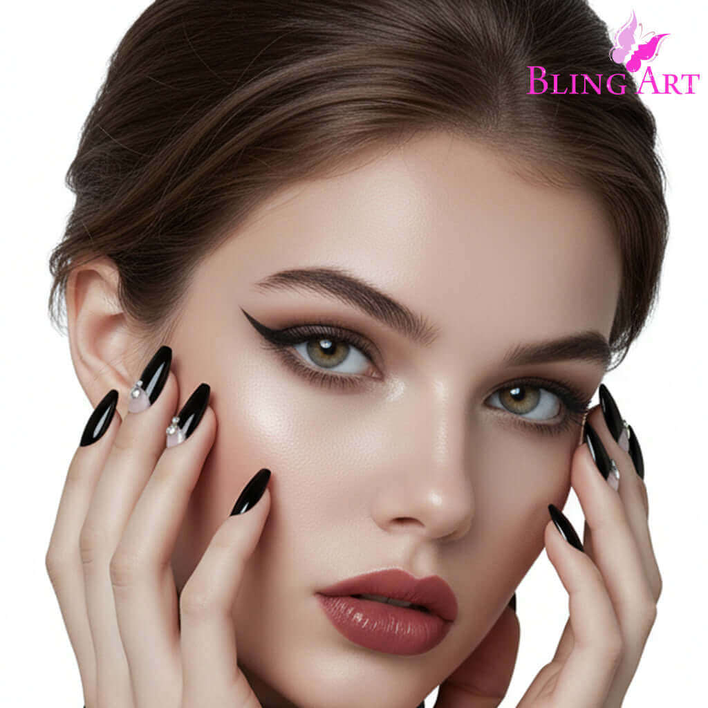 False Nails Bling Art Black Crystal Polished Ballerina Coffin Long Fake Tips