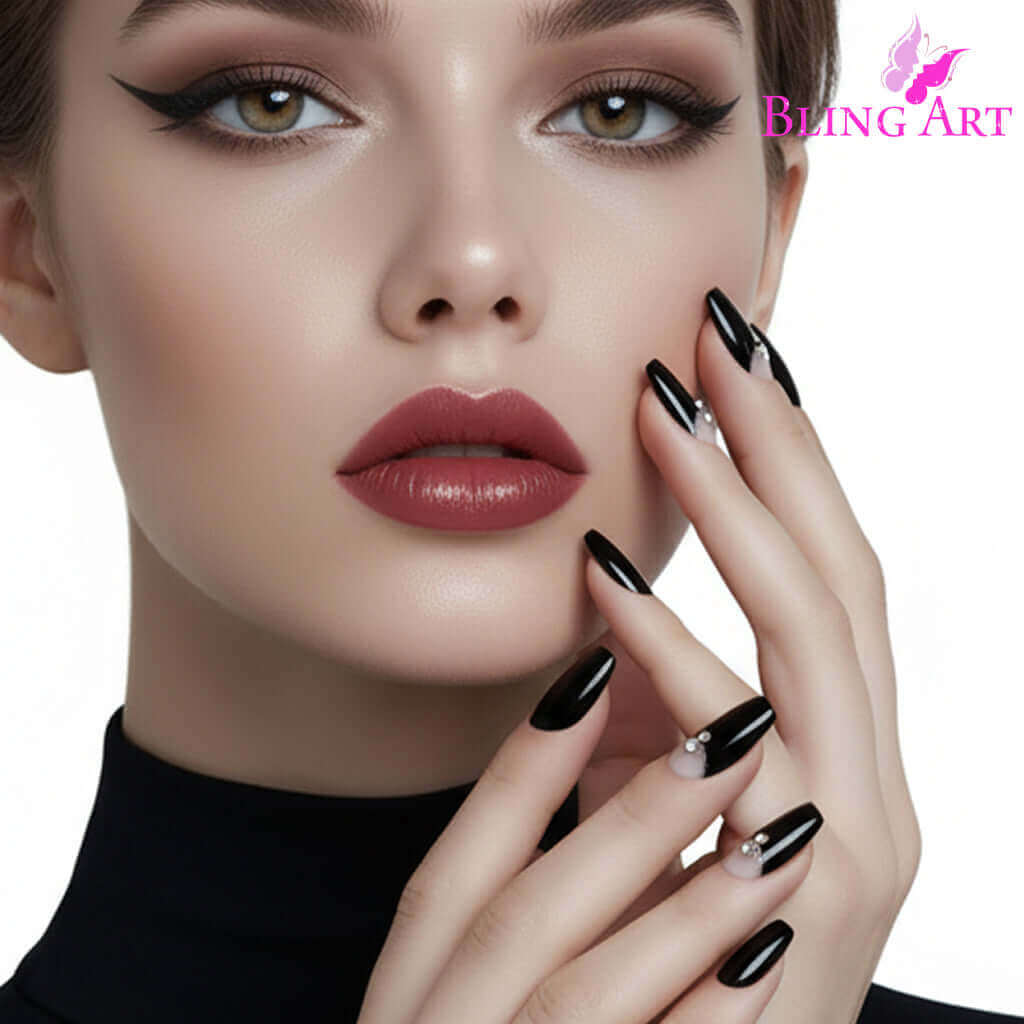 False Nails Bling Art Black Crystal Polished Ballerina Coffin Long Fake Tips