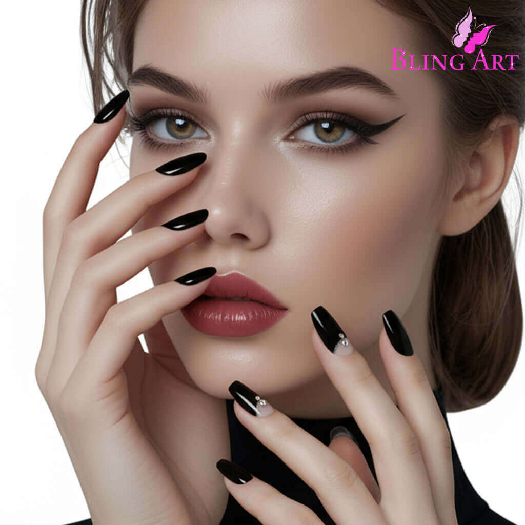 False Nails Bling Art Black Crystal Polished Ballerina Coffin Long Fake Tips