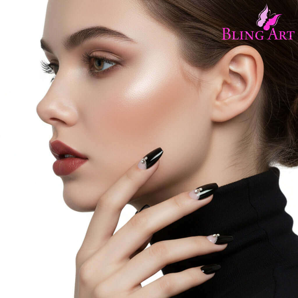 False Nails Bling Art Black Crystal Polished Ballerina Coffin Long Fake Tips