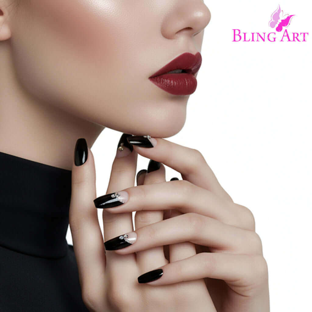 False Nails Bling Art Black Crystal Polished Ballerina Coffin Long Fake Tips