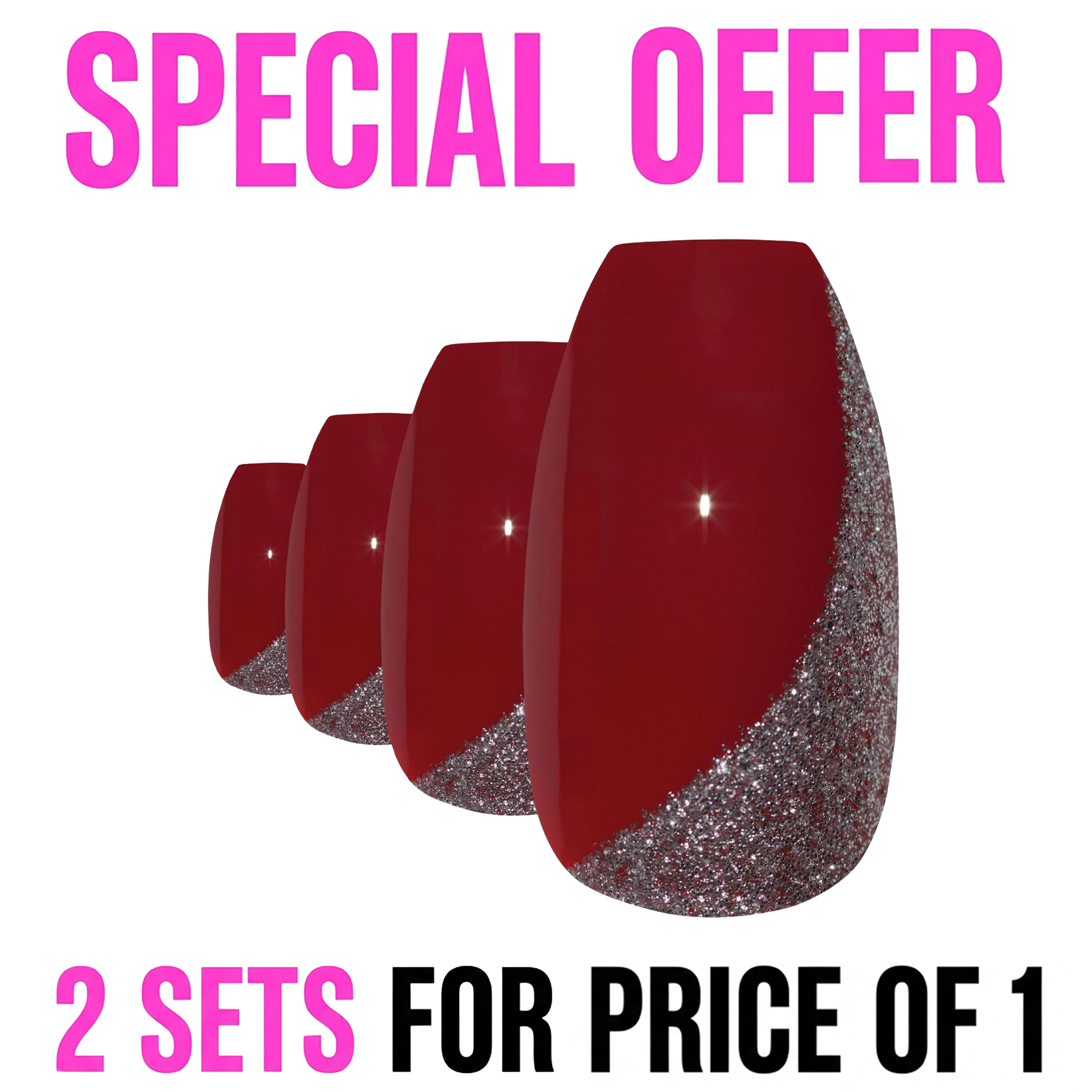 False Nails by Bling Art Red Glitter Ballerina Coffin Acrylic 24 Fake Long Nail Tips