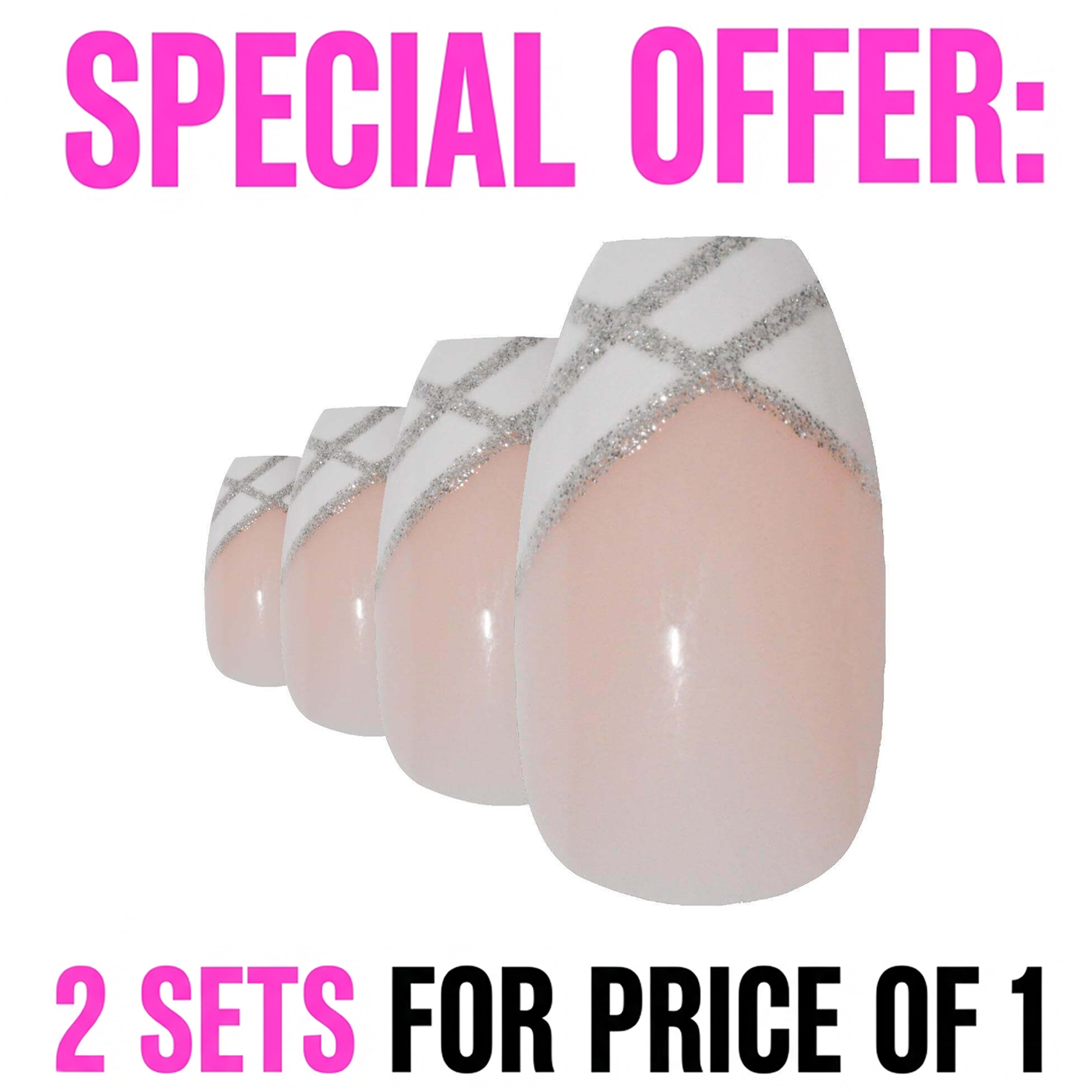 False Nails by Bling Art Silver White Glitter Ballerina Long Fake 24 Acrylic Nail Tips