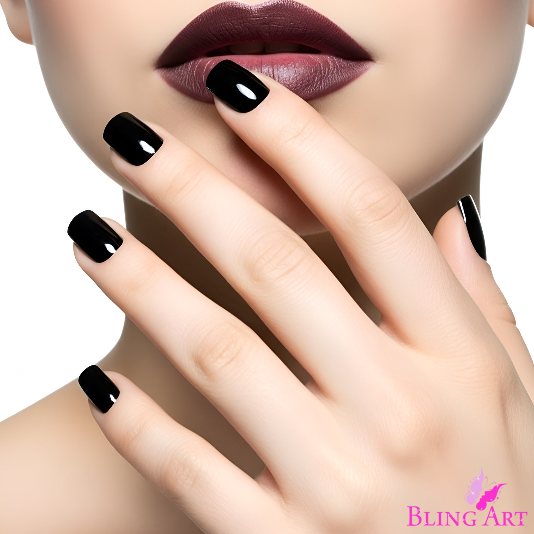 False Nails Bling Art Black Polished French Manicure Fake Medium Tips with Glue