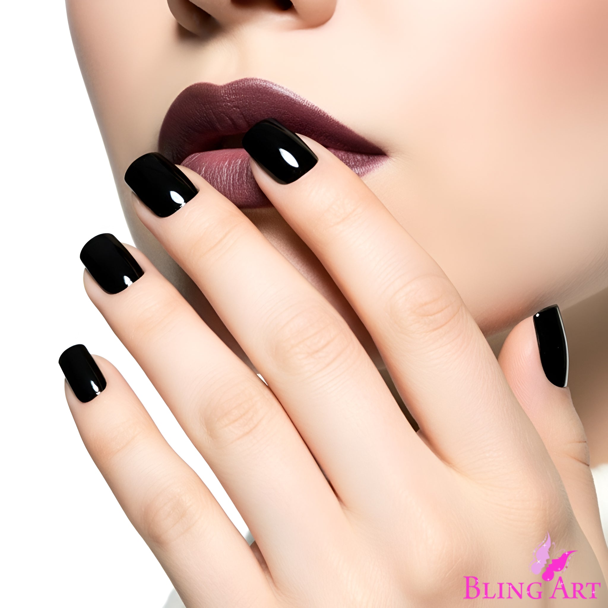 False Nails Bling Art Black Polished French Manicure Fake Medium Tips with Glue