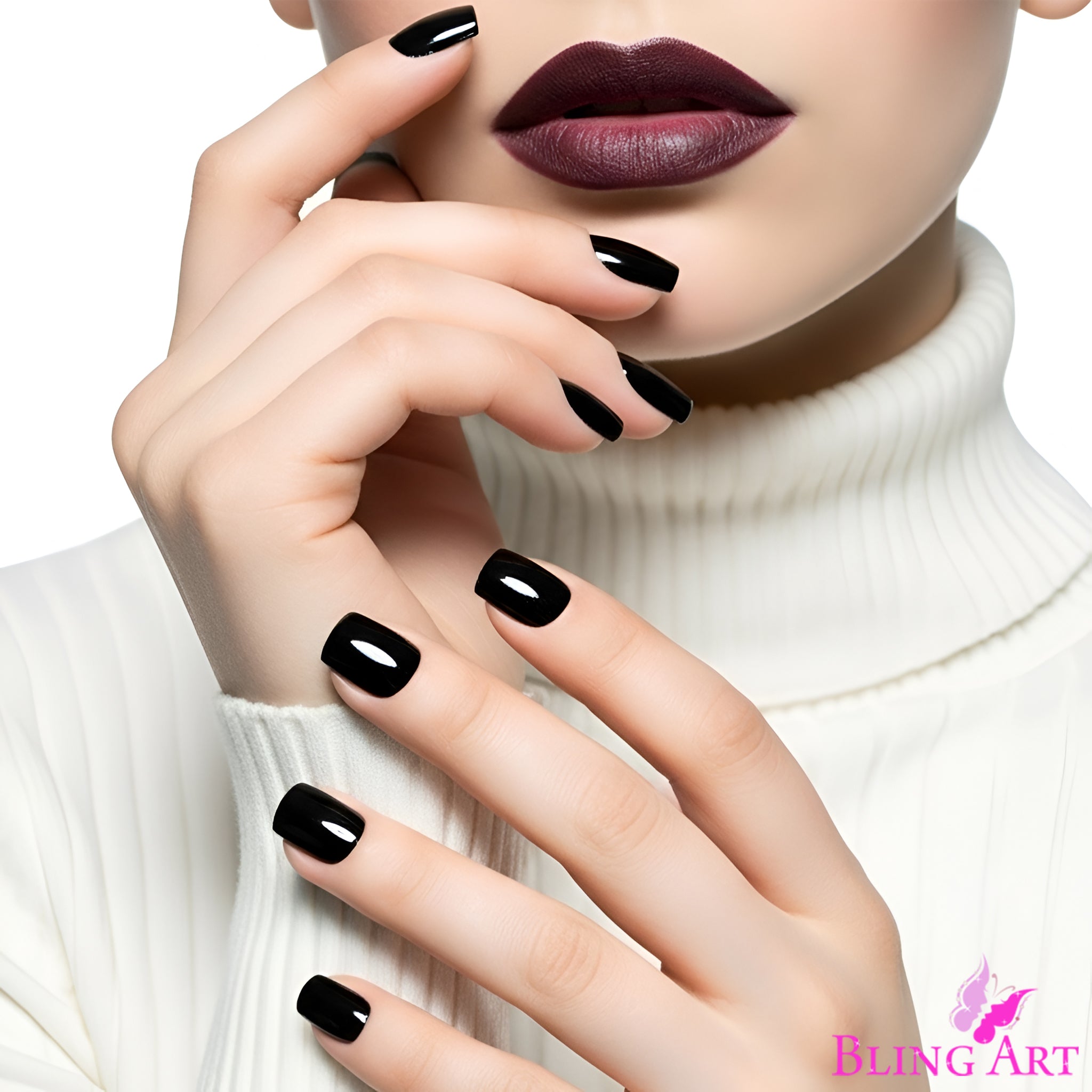 False Nails Bling Art Black Polished French Manicure Fake Medium Tips with Glue