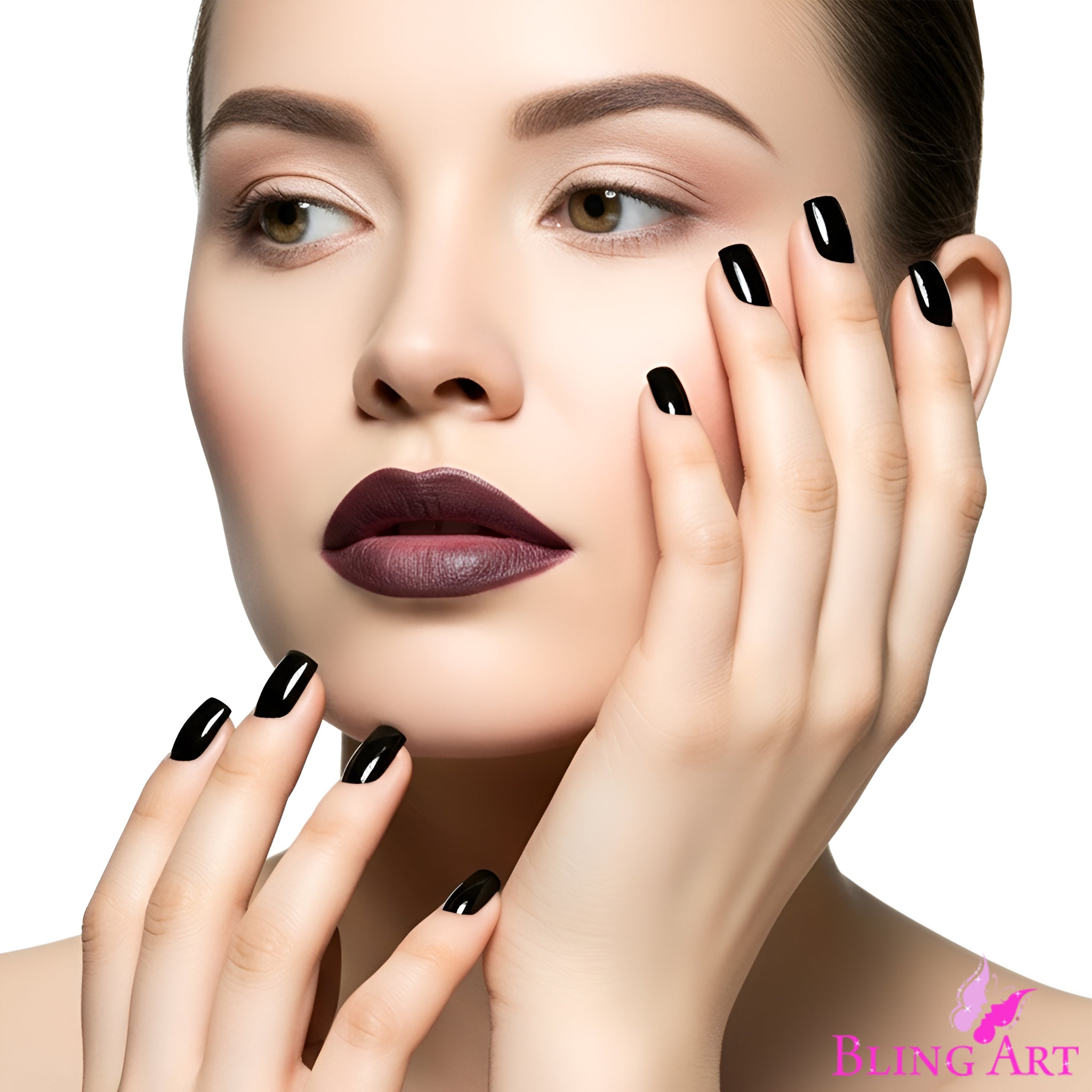 False Nails Bling Art Black Polished French Manicure Fake Medium Tips with Glue