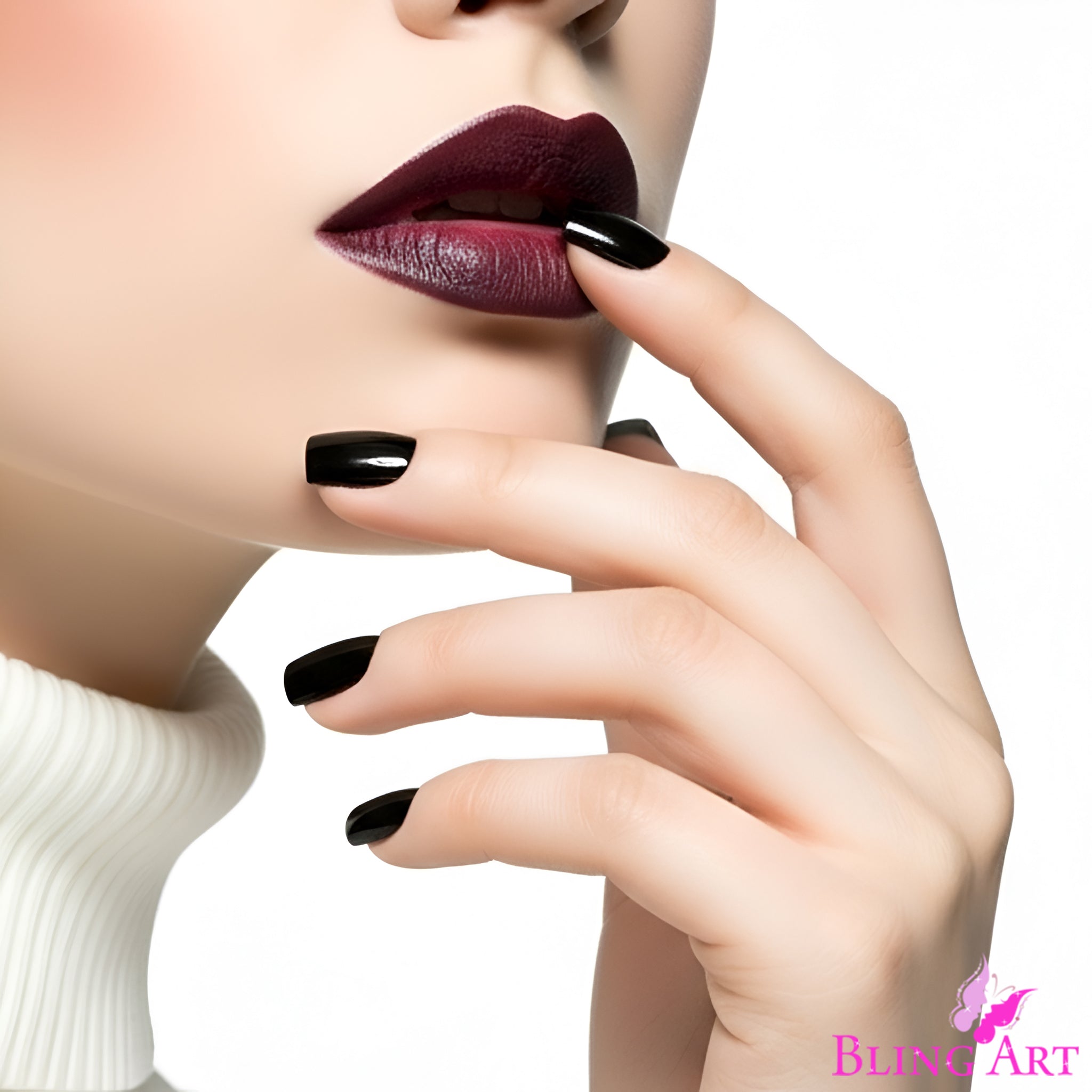 False Nails Bling Art Black Polished French Manicure Fake Medium Tips with Glue