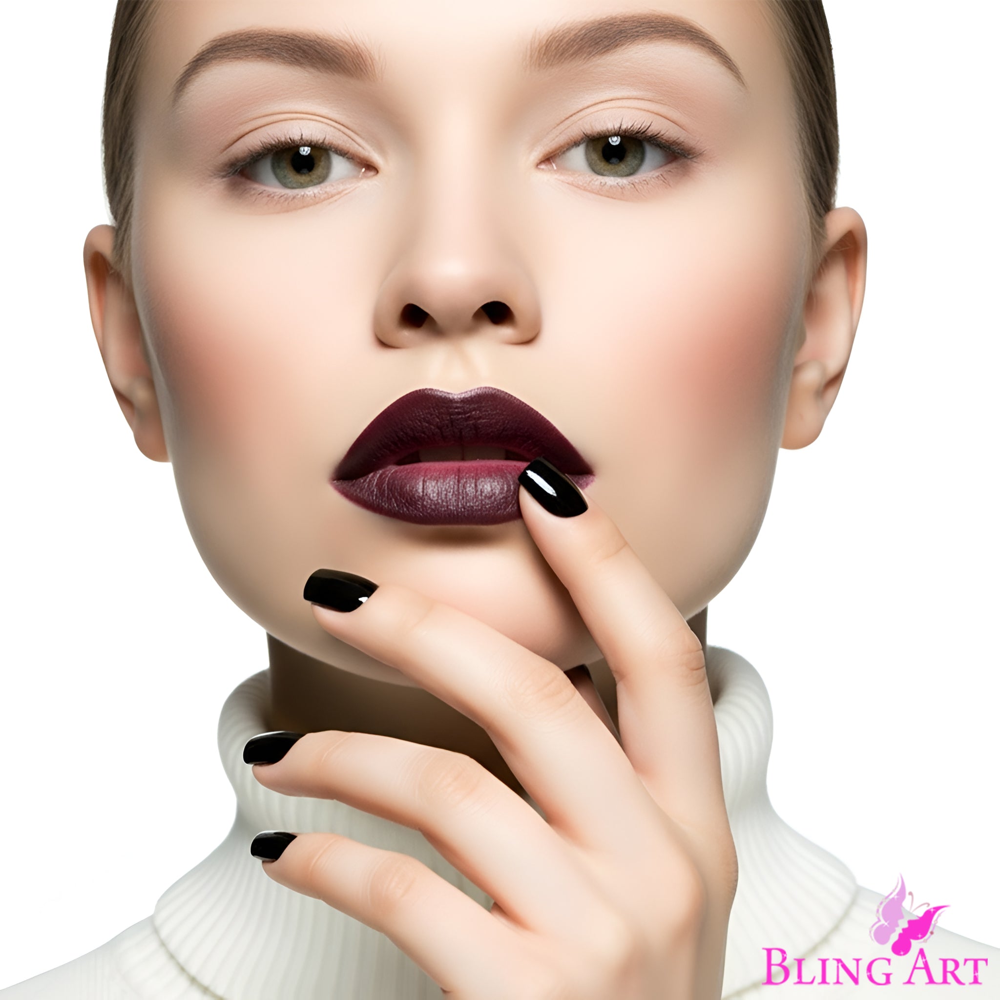 False Nails Bling Art Black Polished French Manicure Fake Medium Tips with Glue