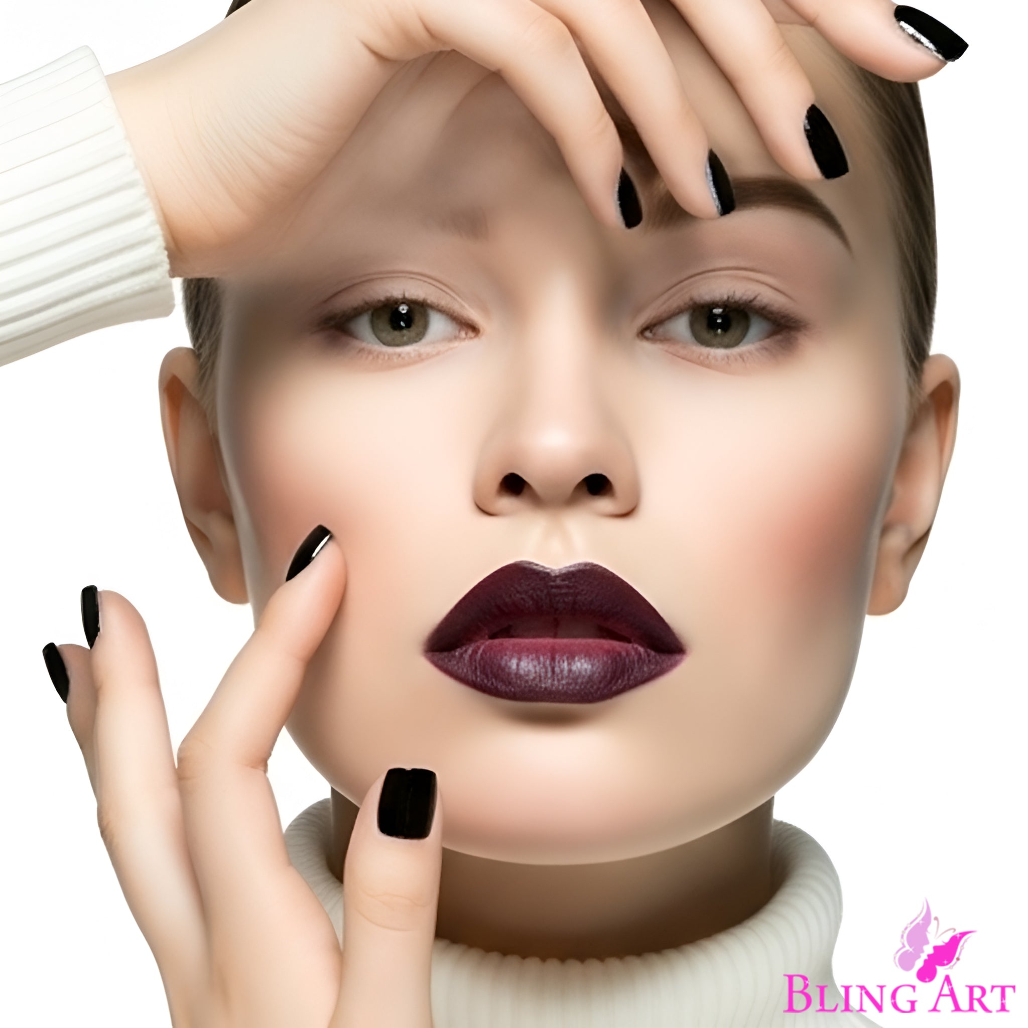 False Nails Bling Art Black Polished French Manicure Fake Medium Tips with Glue