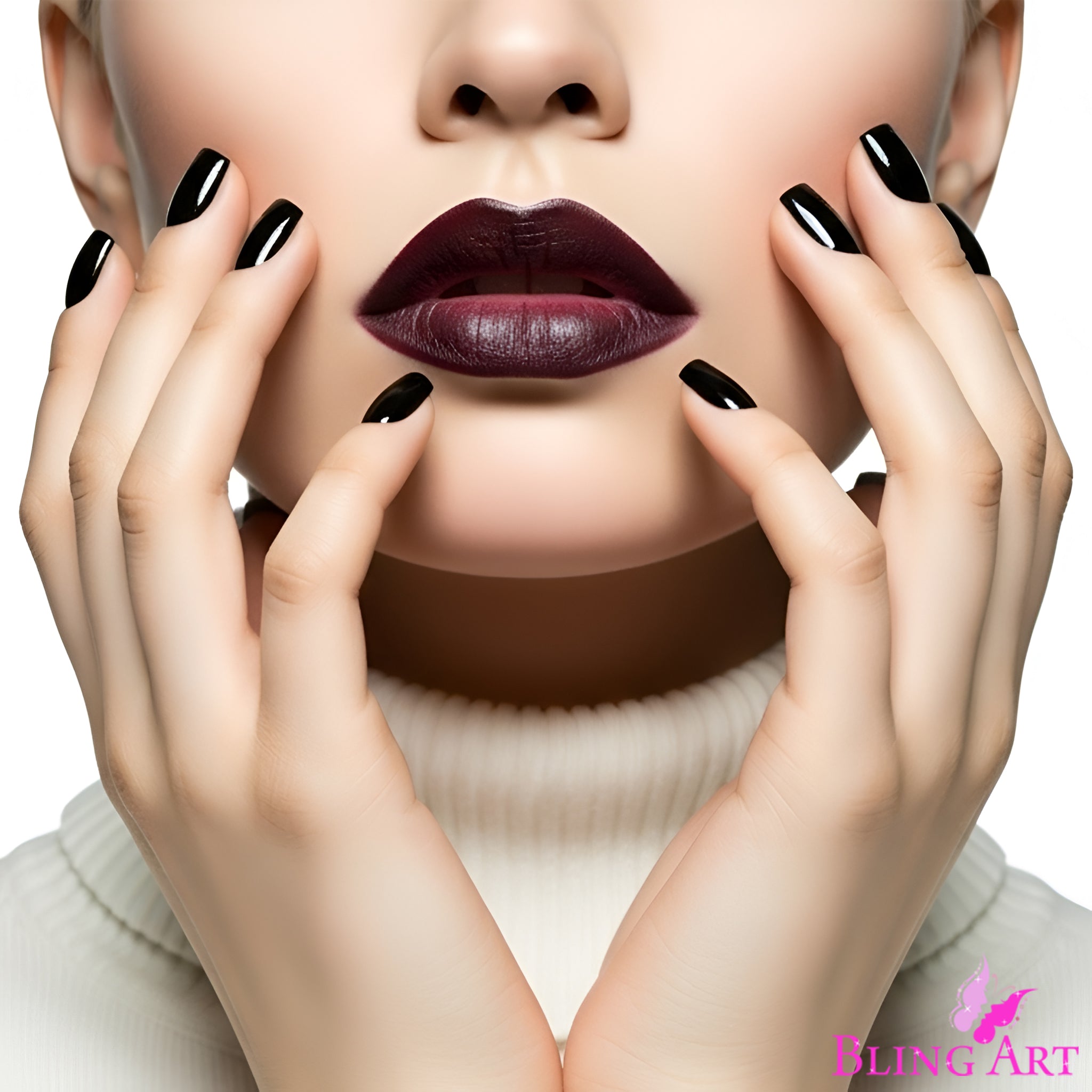 False Nails Bling Art Black Polished French Manicure Fake Medium Tips with Glue