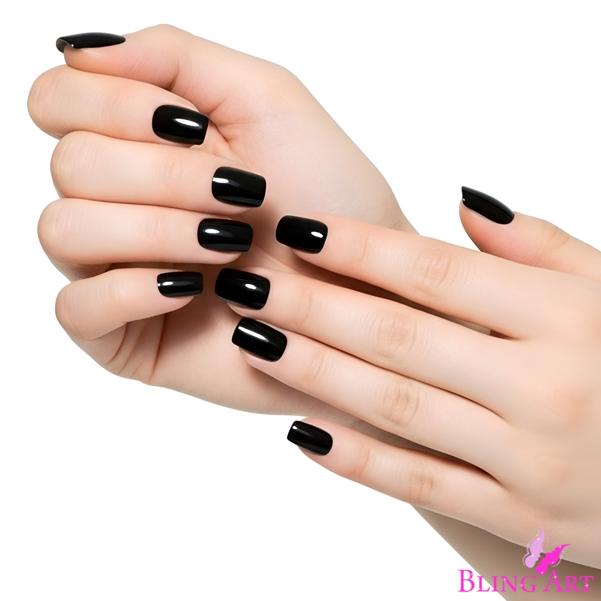 False Nails Bling Art Black Polished French Manicure Fake Medium Tips with Glue