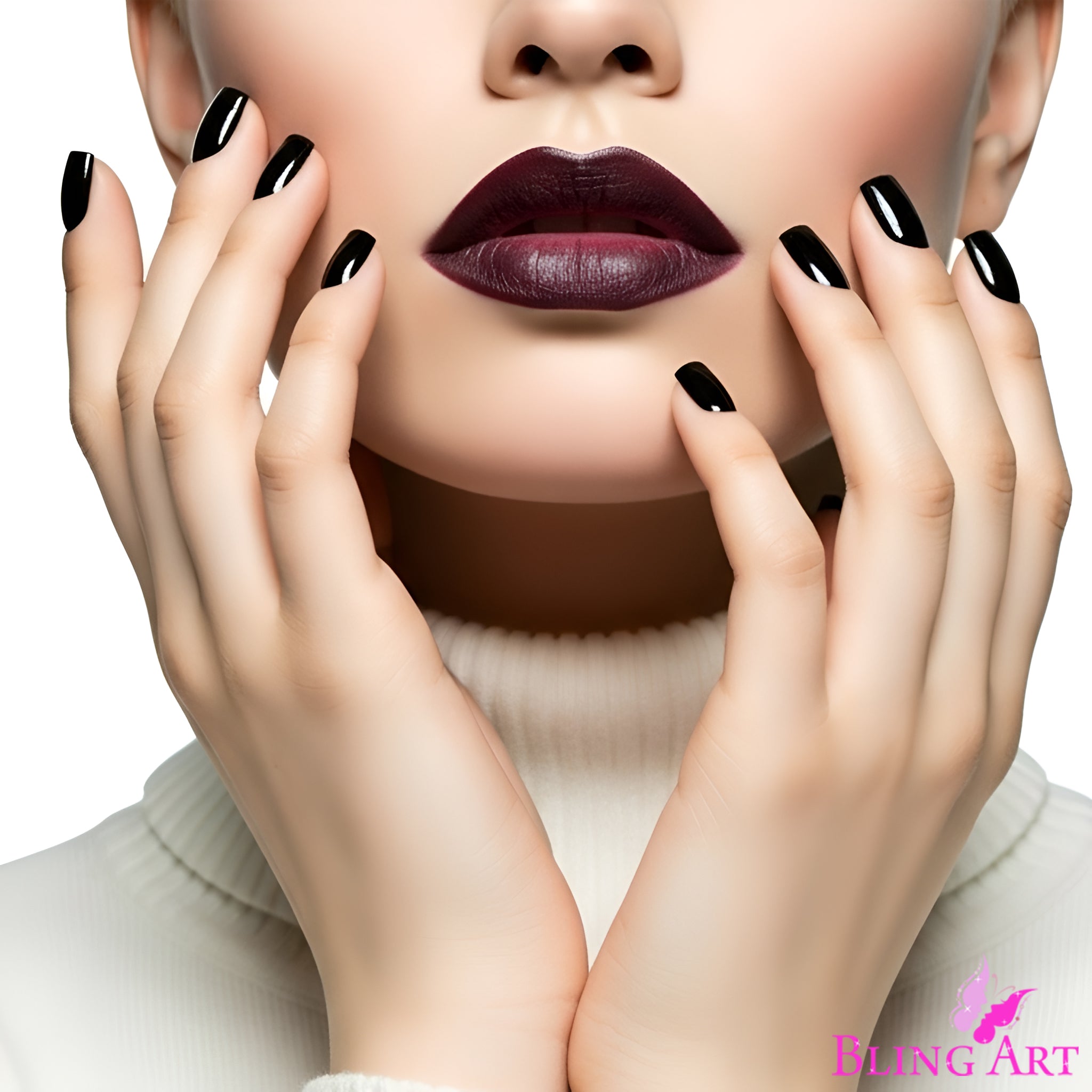 False Nails Bling Art Black Polished French Manicure Fake Medium Tips with Glue