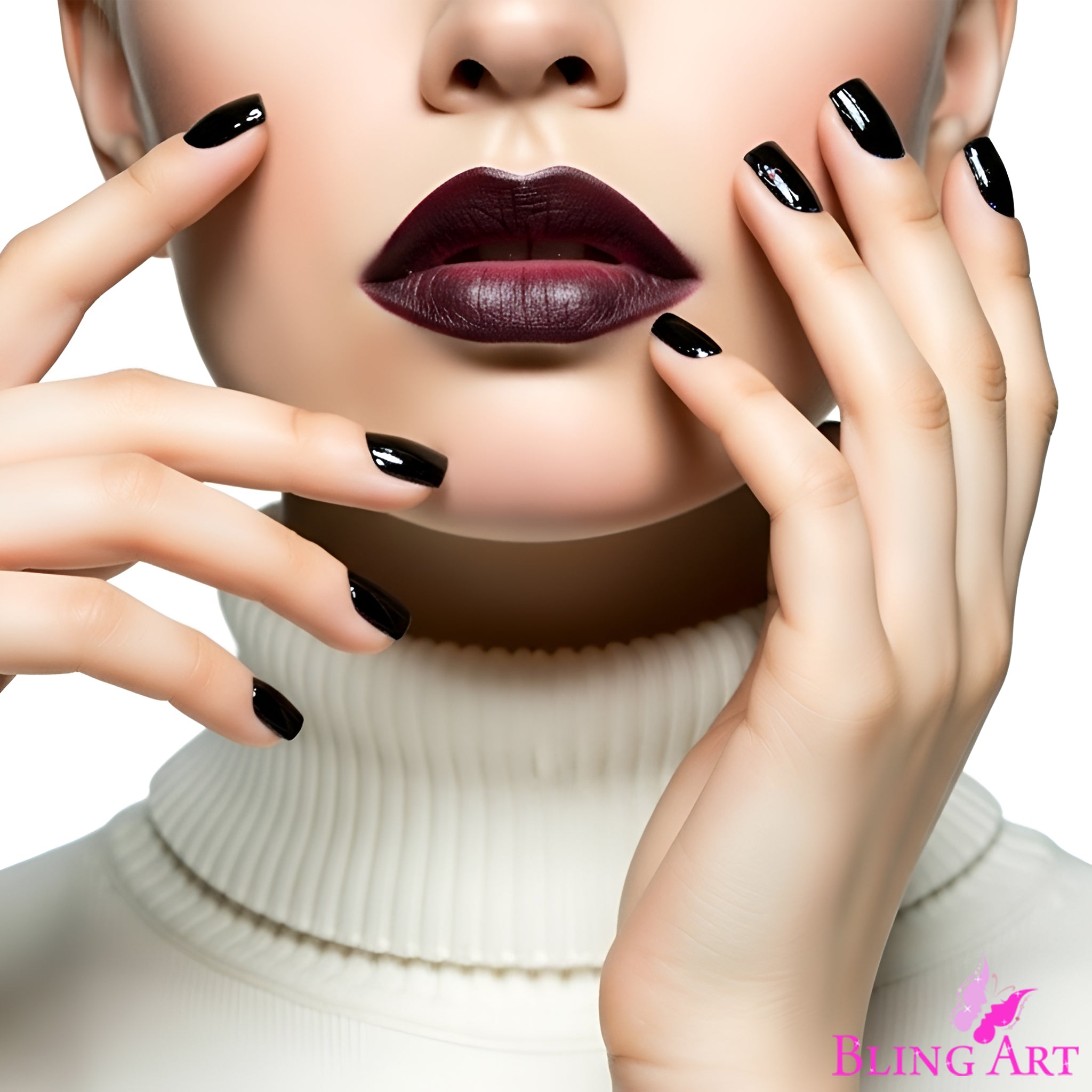 False Nails Bling Art Black Polished French Manicure Fake Medium Tips with Glue