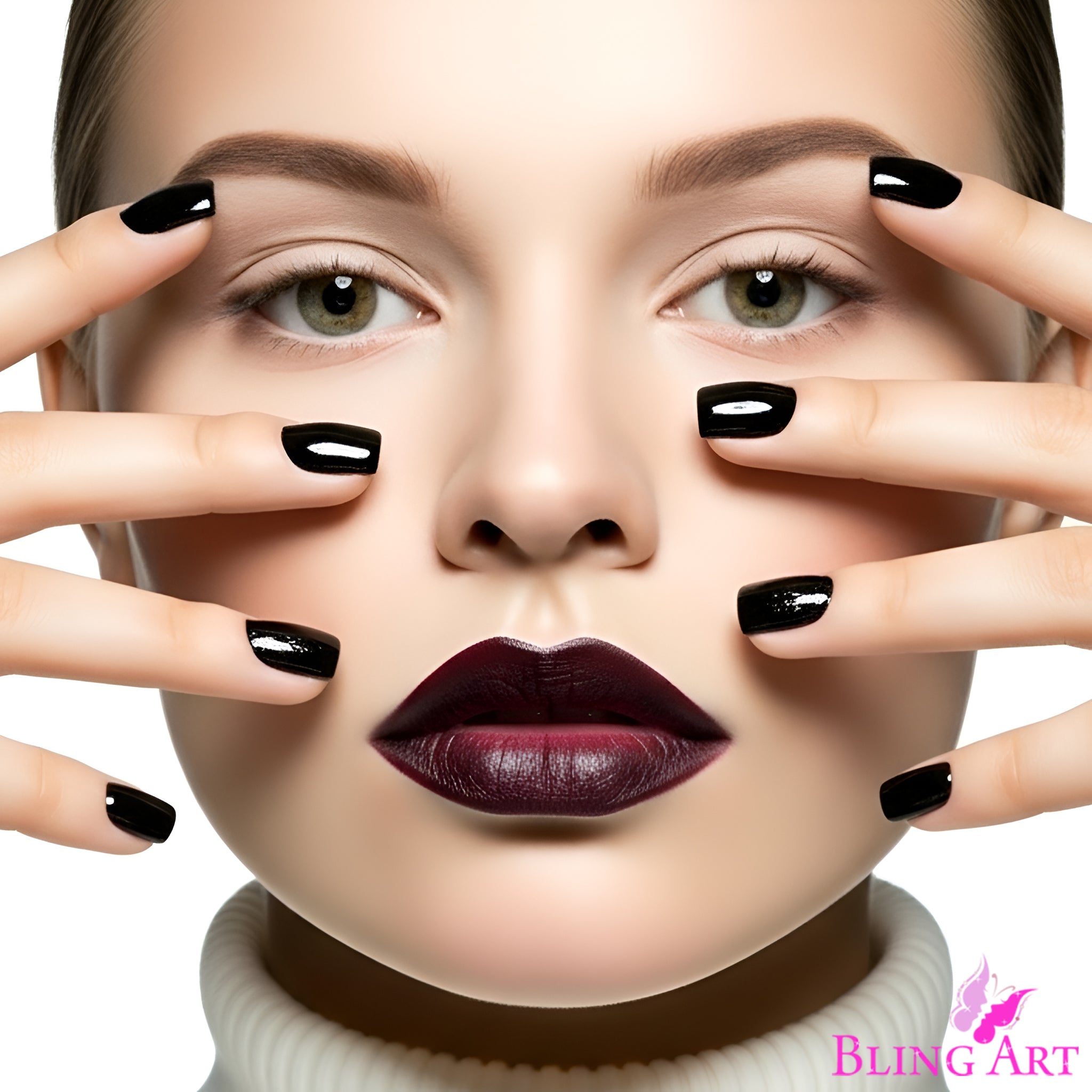 False Nails Bling Art Black Polished French Manicure Fake Medium Tips with Glue