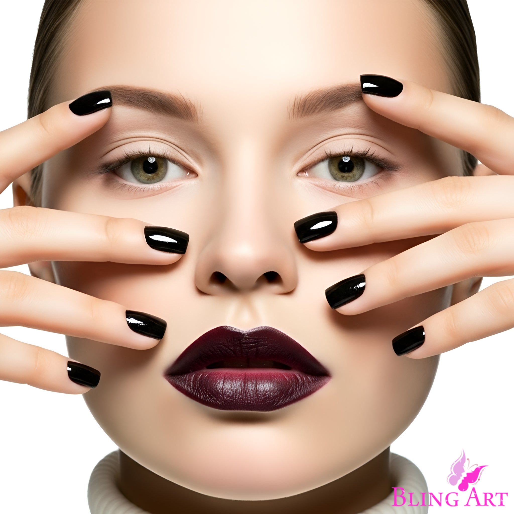 False Nails Bling Art Black Polished French Manicure Fake Medium Tips with Glue