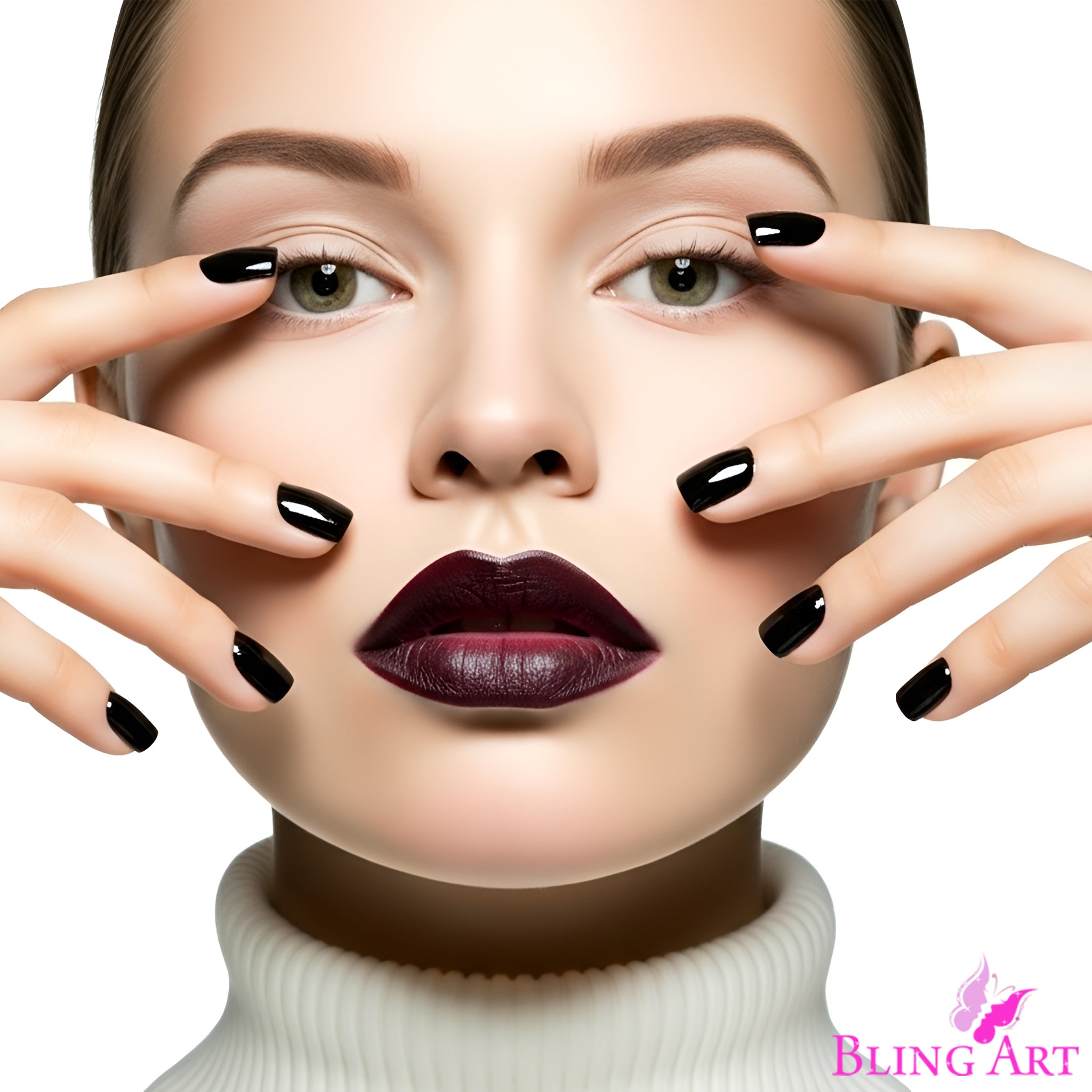 False Nails Bling Art Black Polished French Manicure Fake Medium Tips with Glue