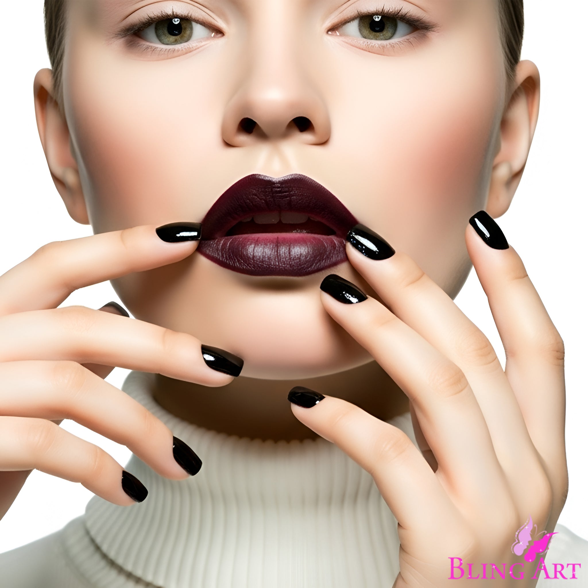 False Nails Bling Art Black Polished French Manicure Fake Medium Tips with Glue