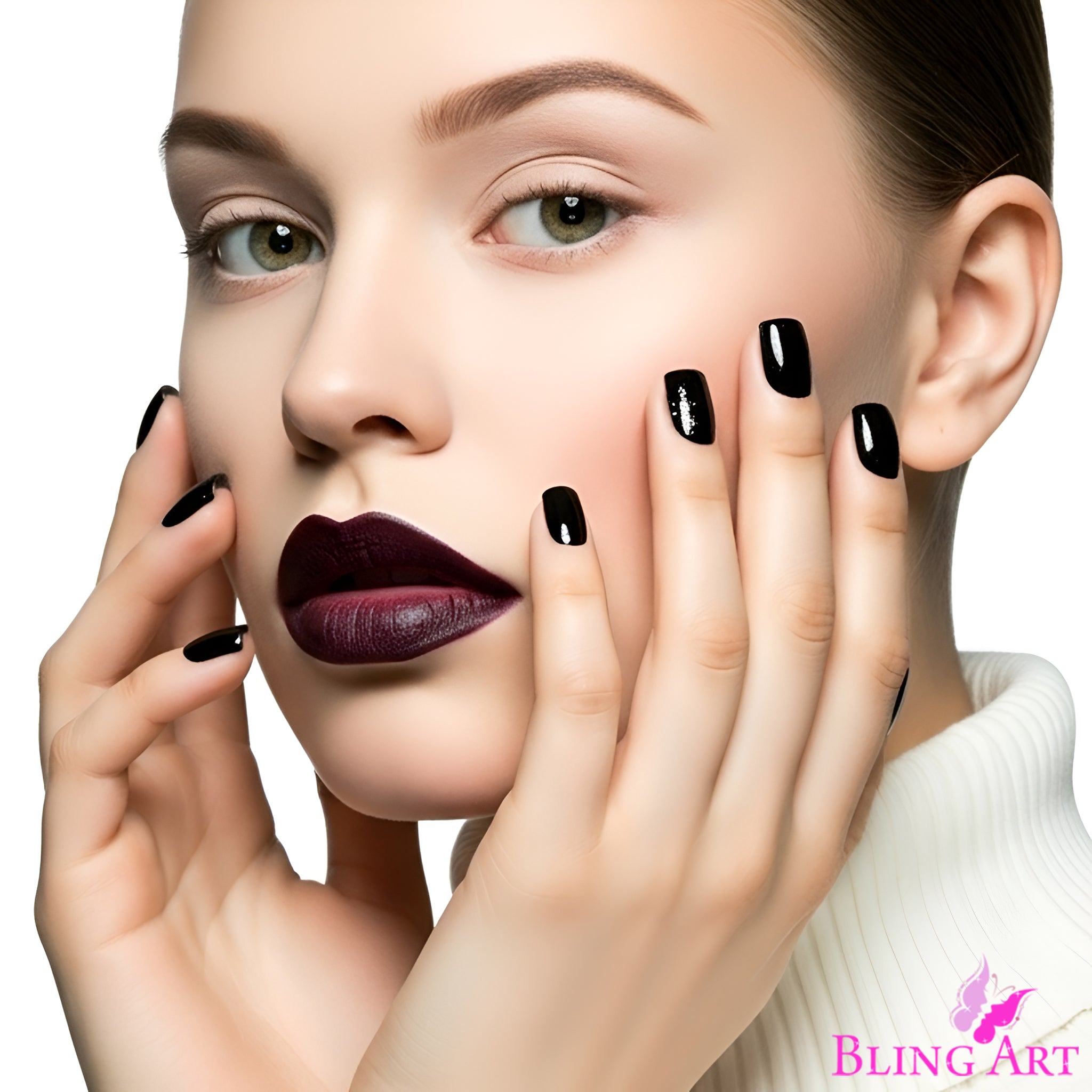 False Nails Bling Art Black Polished French Manicure Fake Medium Tips with Glue