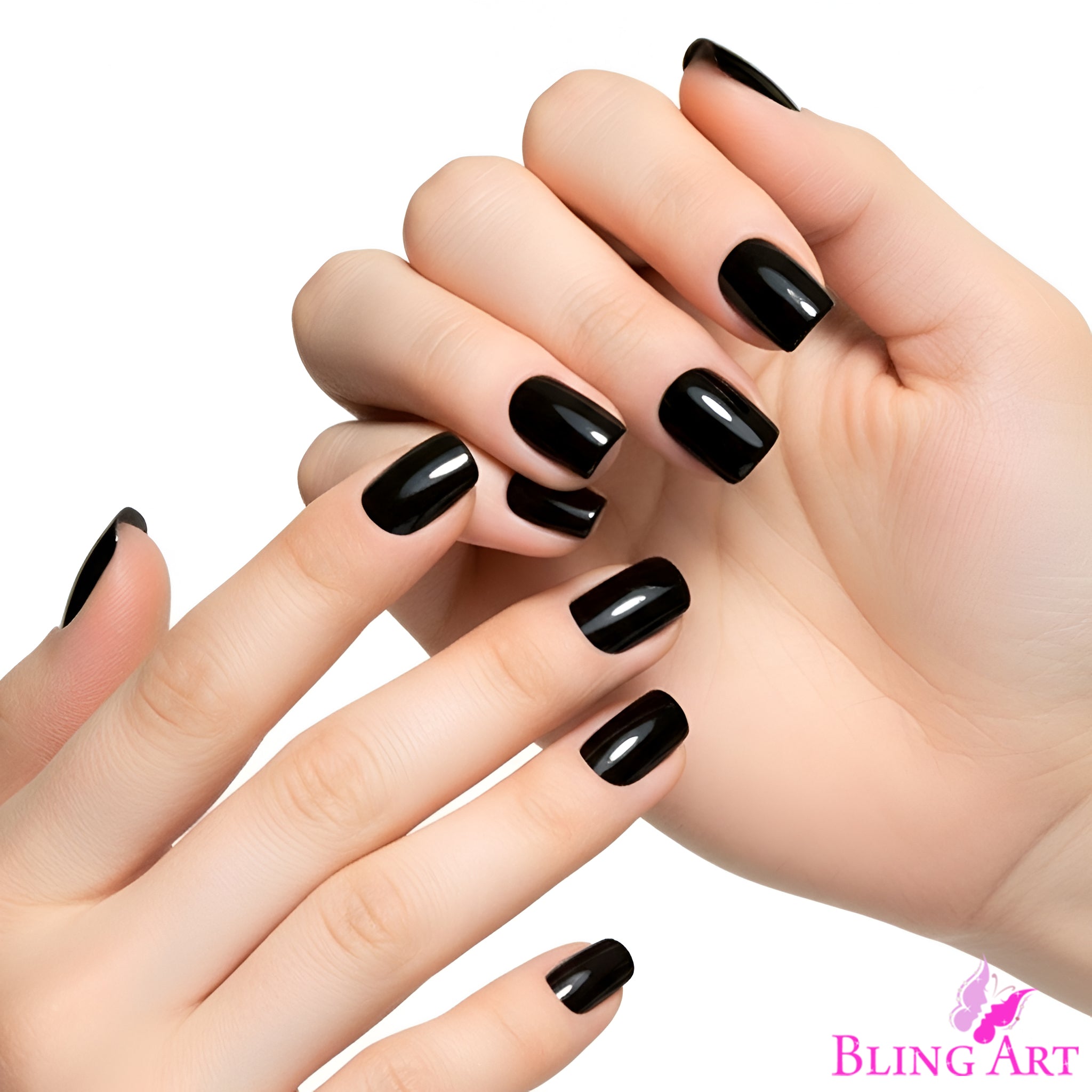 False Nails Bling Art Black Polished French Manicure Fake Medium Tips with Glue