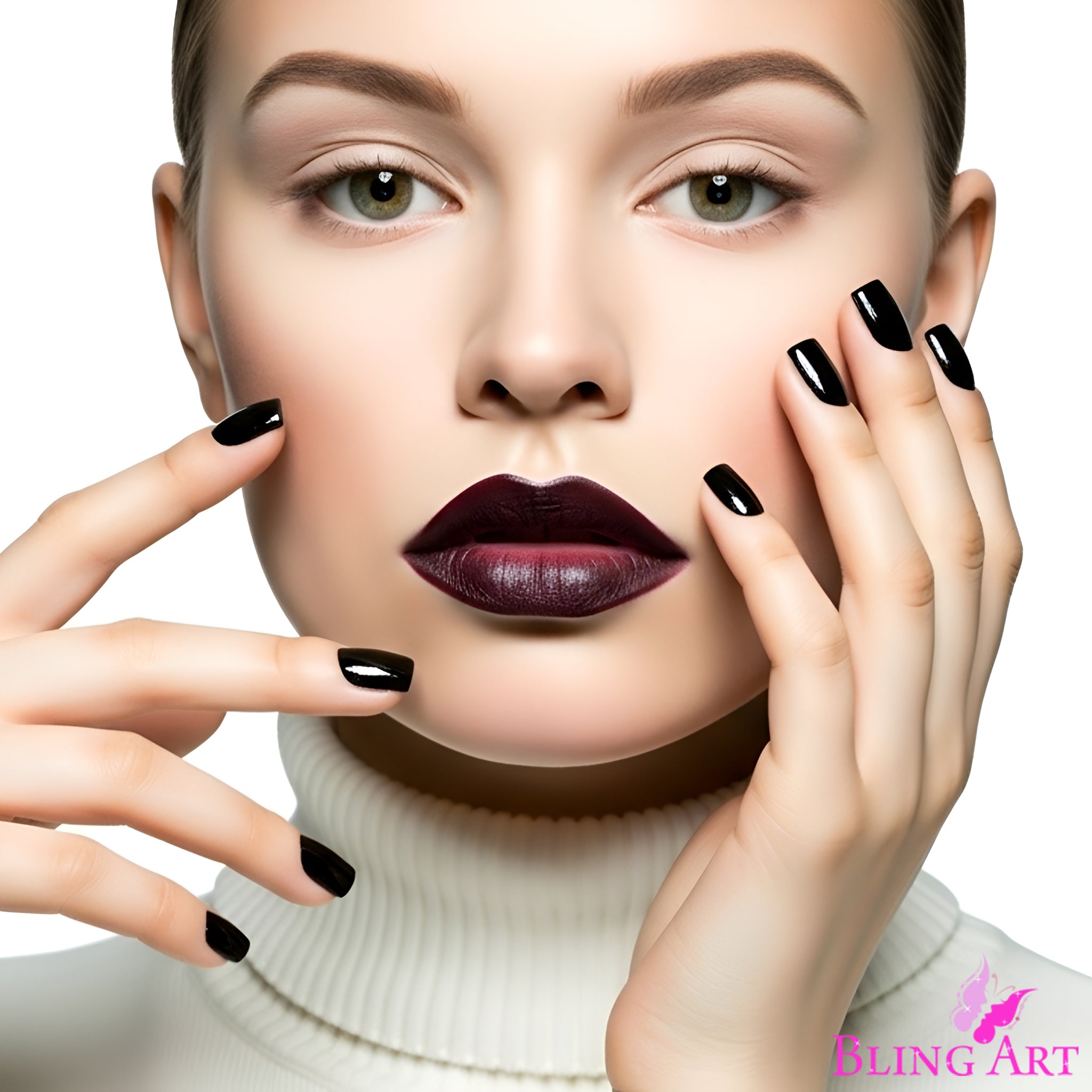 False Nails Bling Art Black Polished French Manicure Fake Medium Tips with Glue