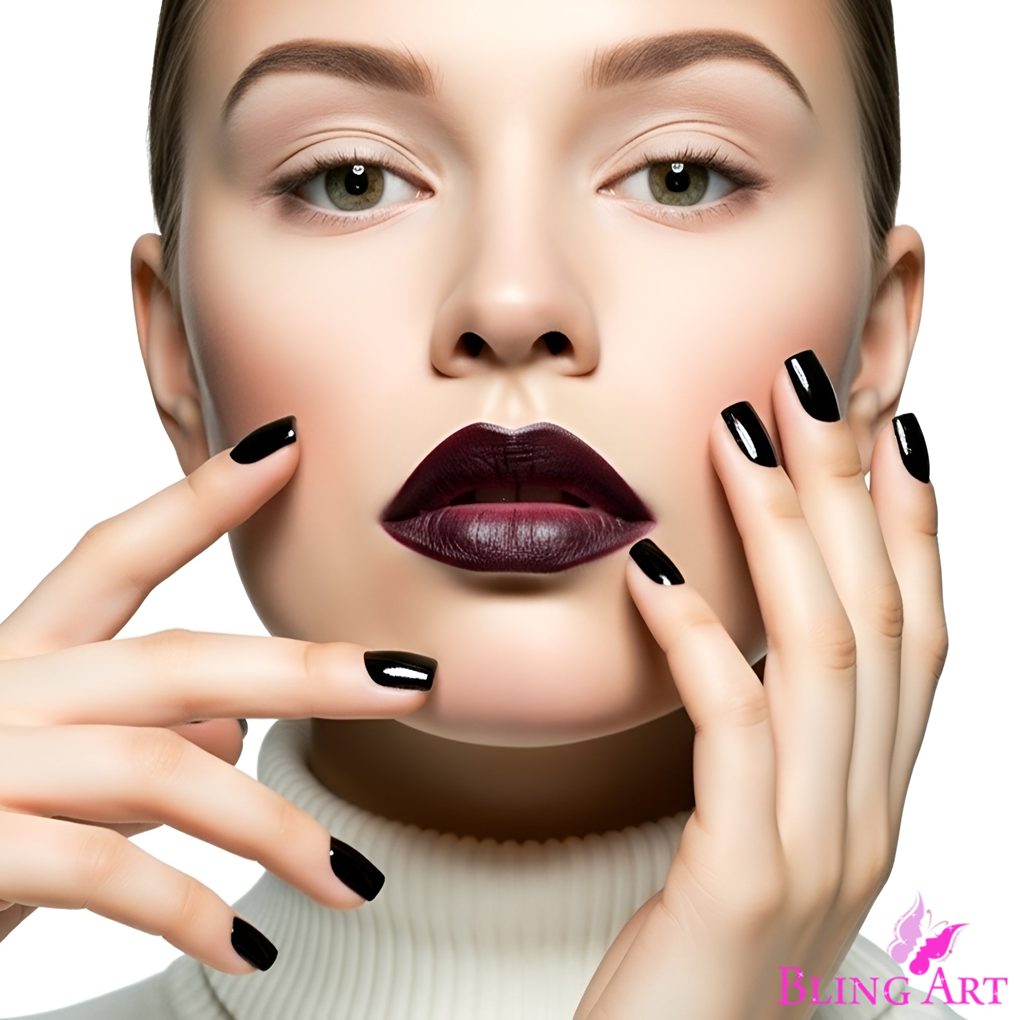 False Nails Bling Art Black Polished French Manicure Fake Medium Tips with Glue