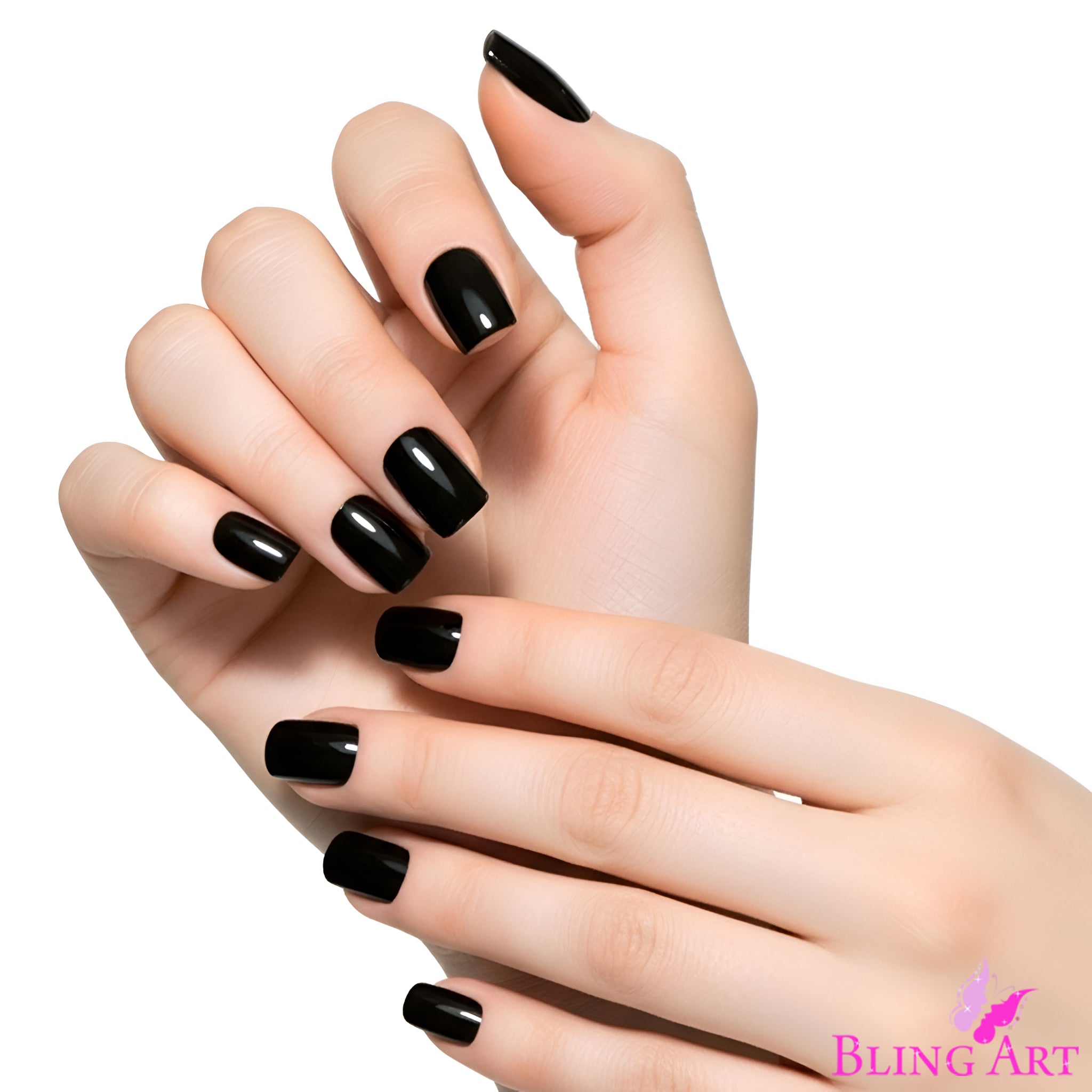 False Nails Bling Art Black Polished French Manicure Fake Medium Tips with Glue