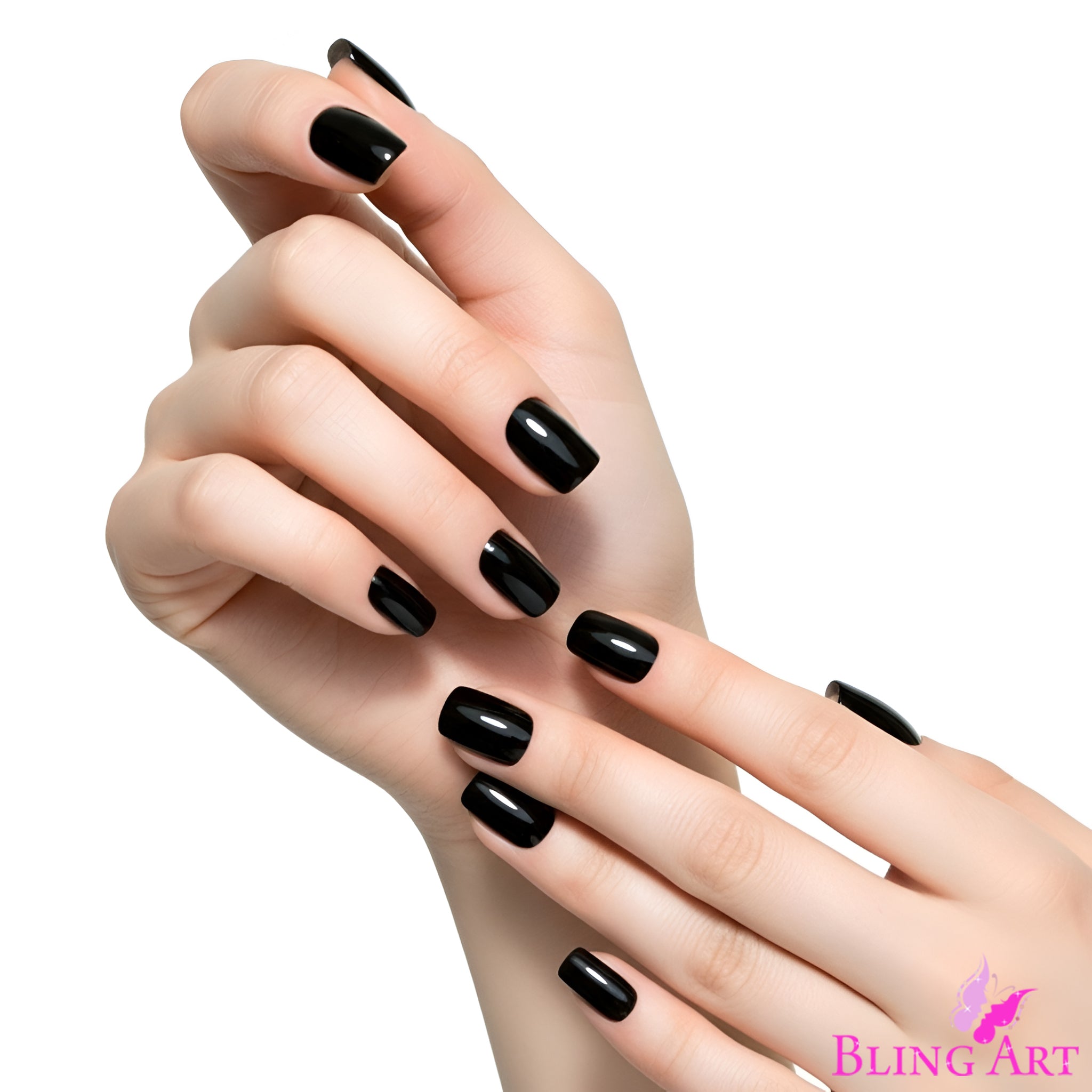 False Nails Bling Art Black Polished French Manicure Fake Medium Tips with Glue