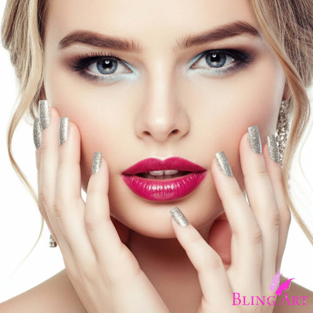 False Nails by Bling Art Silver Gel French Squoval 24 Fake Medium Acrylic Tips